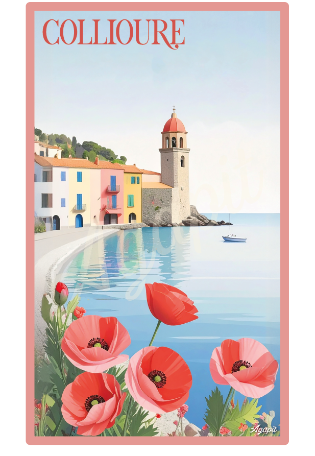 T-shirt AGAPIT Collioure – Illustration rétro du clocher et façades pastel - Agapit - Artwear