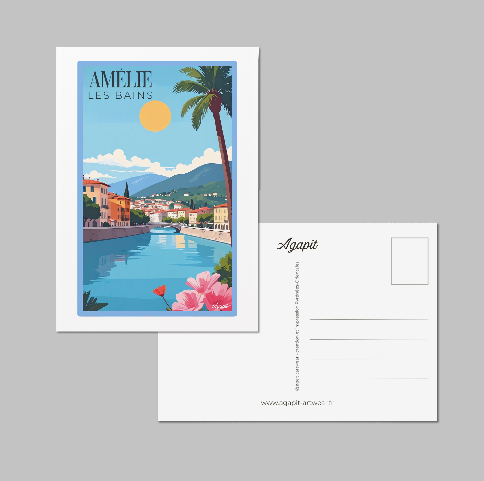 Carte postale Amélie-les-Bains – Illustration rétro du centre du village - Agapit - Artwear