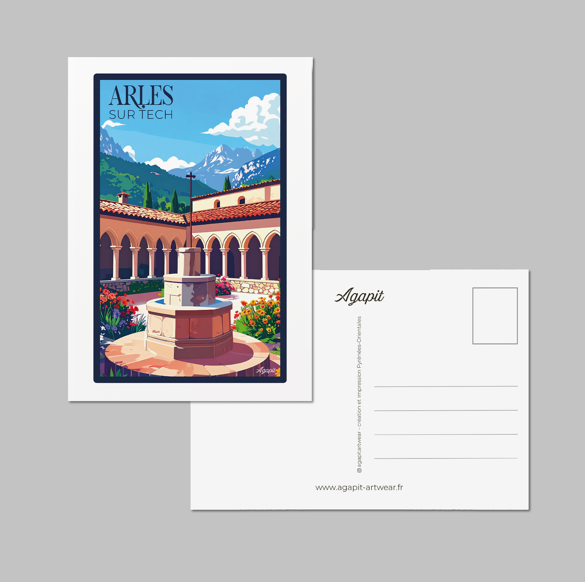 Carte postale Arles-sur-Tech – Illustration rétro du clocher et façades pastel - Agapit - Artwear