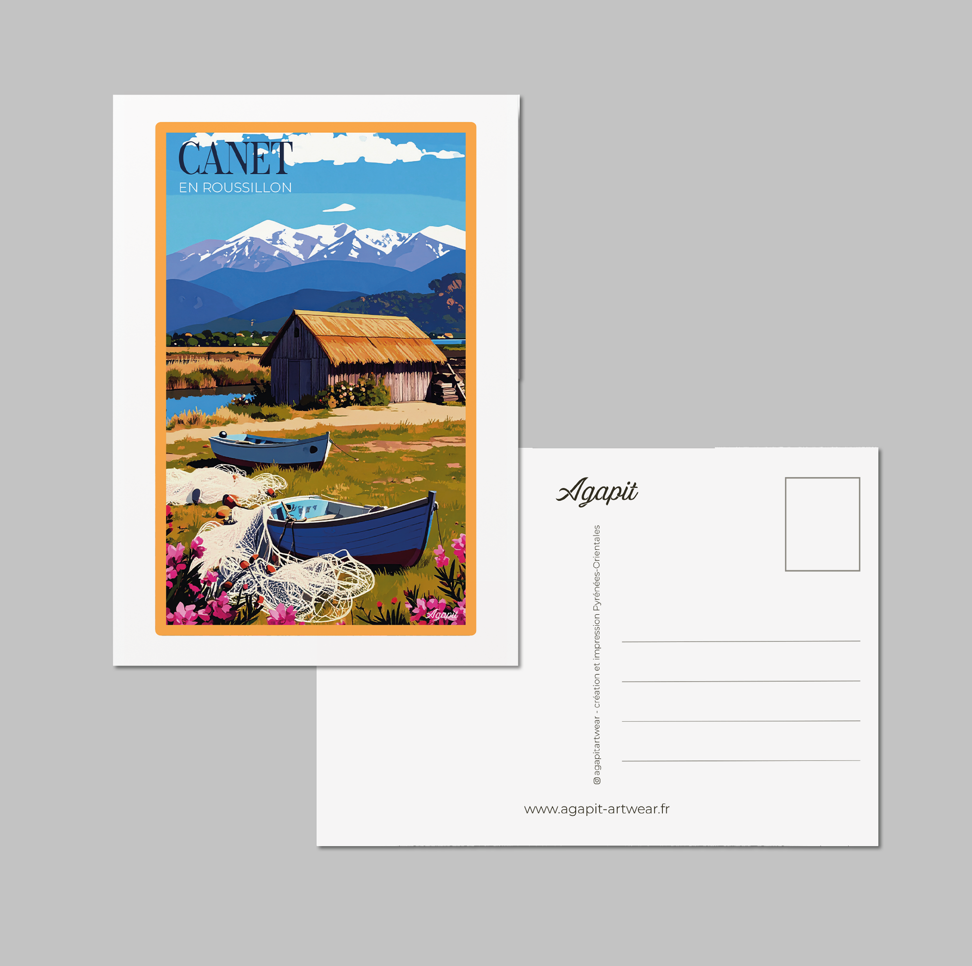 Carte postale Canet en Roussillon – Illustration rétro cabane de pêcheurs et barque bleue - Agapit - Artwear