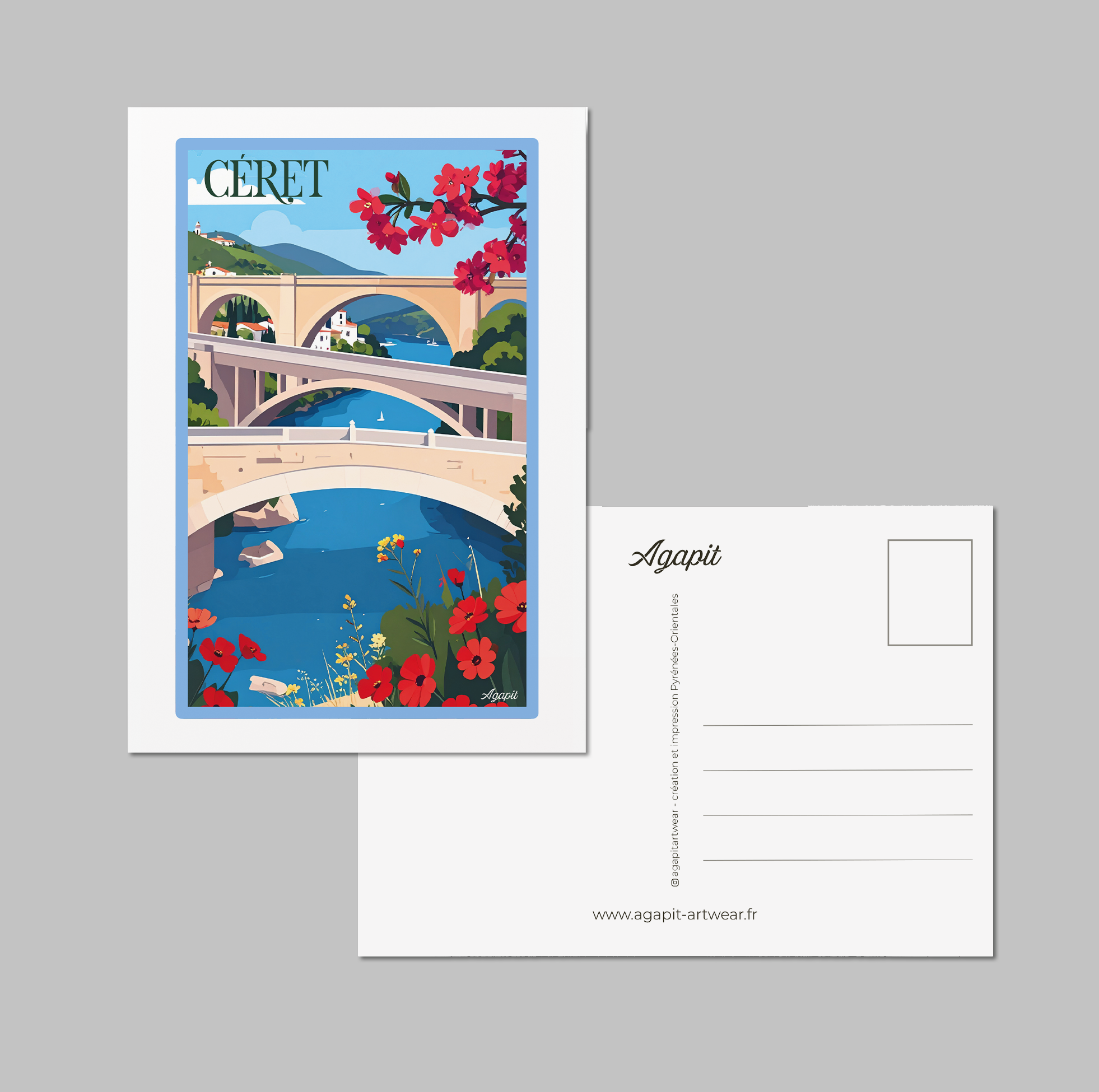 Carte postale Céret – Illustration artistique des trois ponts et façades pastel - Agapit - Artwear