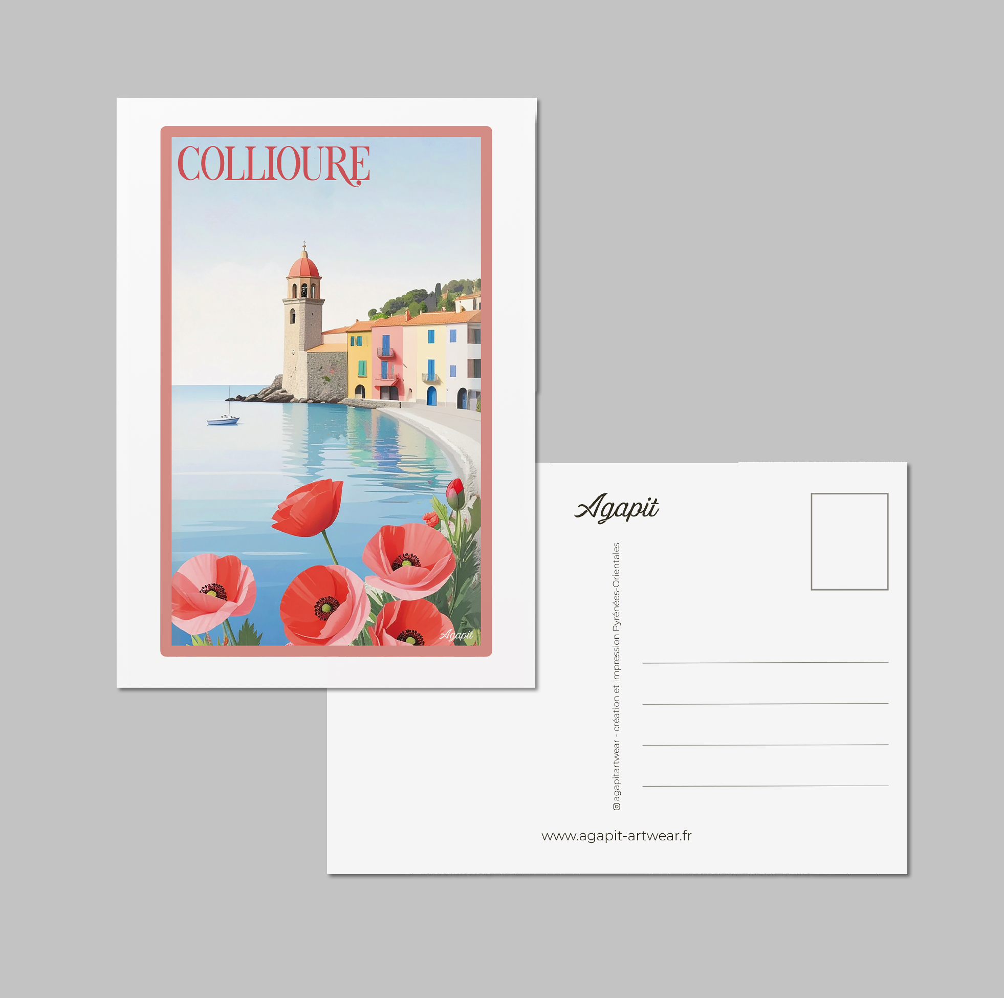 Carte postale Collioure – Illustration vintage du clocher et des façades colorées - Agapit - Artwear