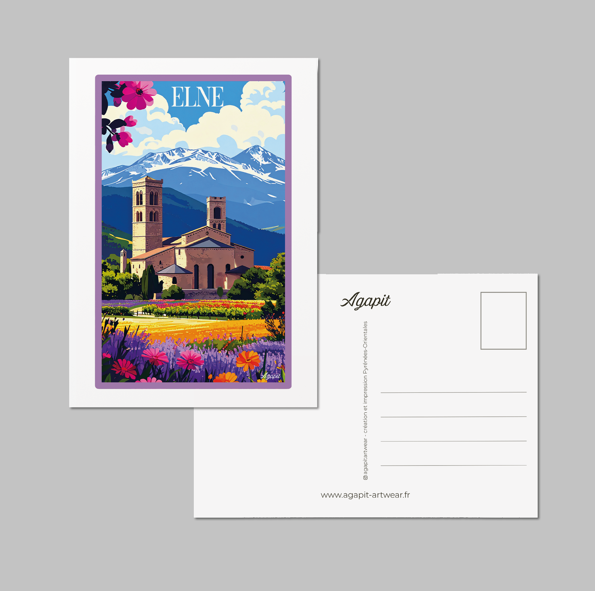 Carte postale Elne – Illustration vintage de la cathédrale et du village médiéval - Agapit - Artwear