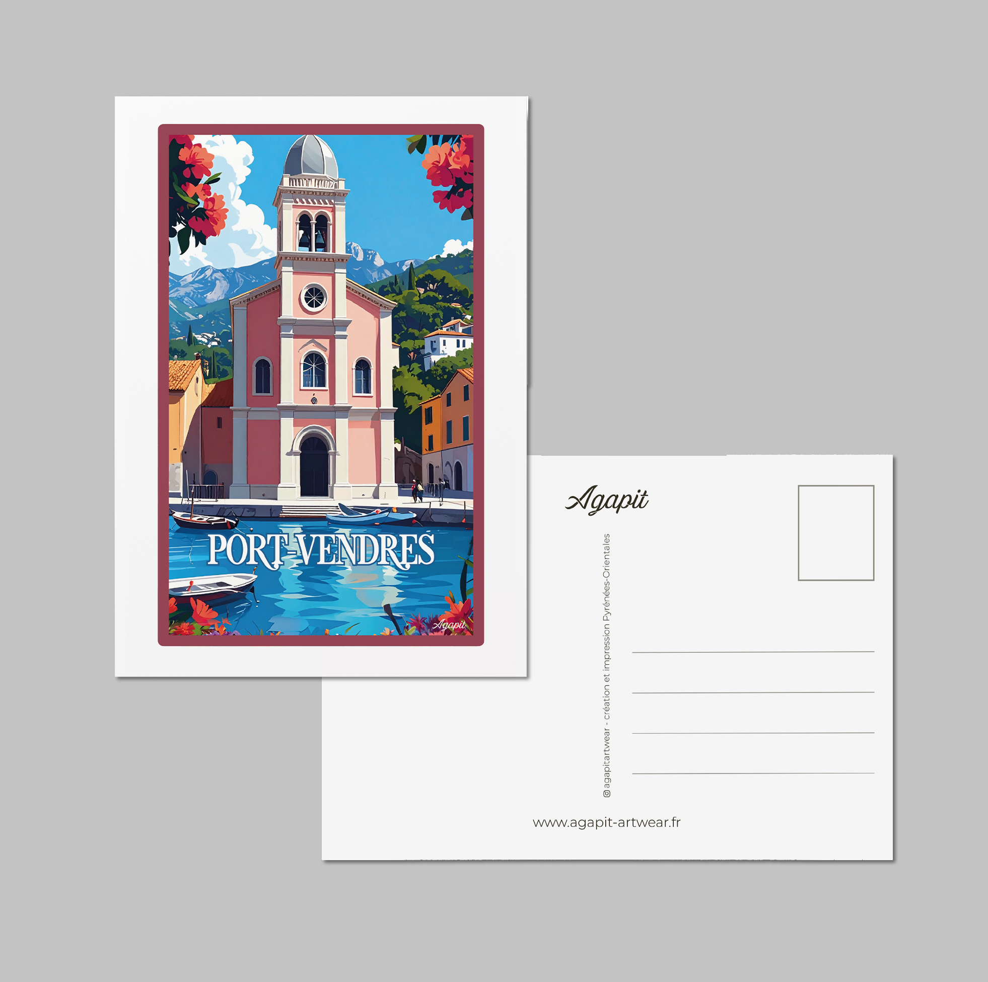 Carte postale Port-Vendres – Illustration rétro de l’église et du port méditerranéen - Agapit - Artwear