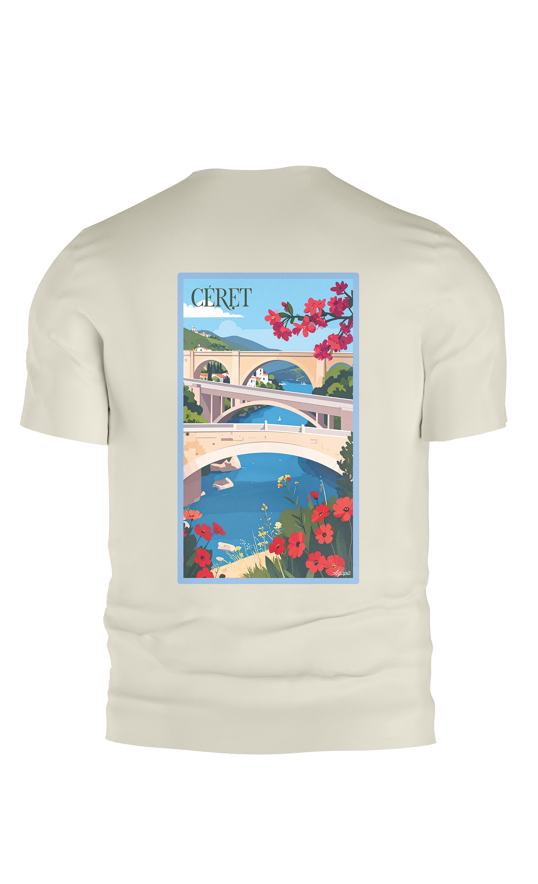 T-shirt AGAPIT Céret – Illustration artistique des trois ponts, clocher et façades pastel - Agapit - Artwear