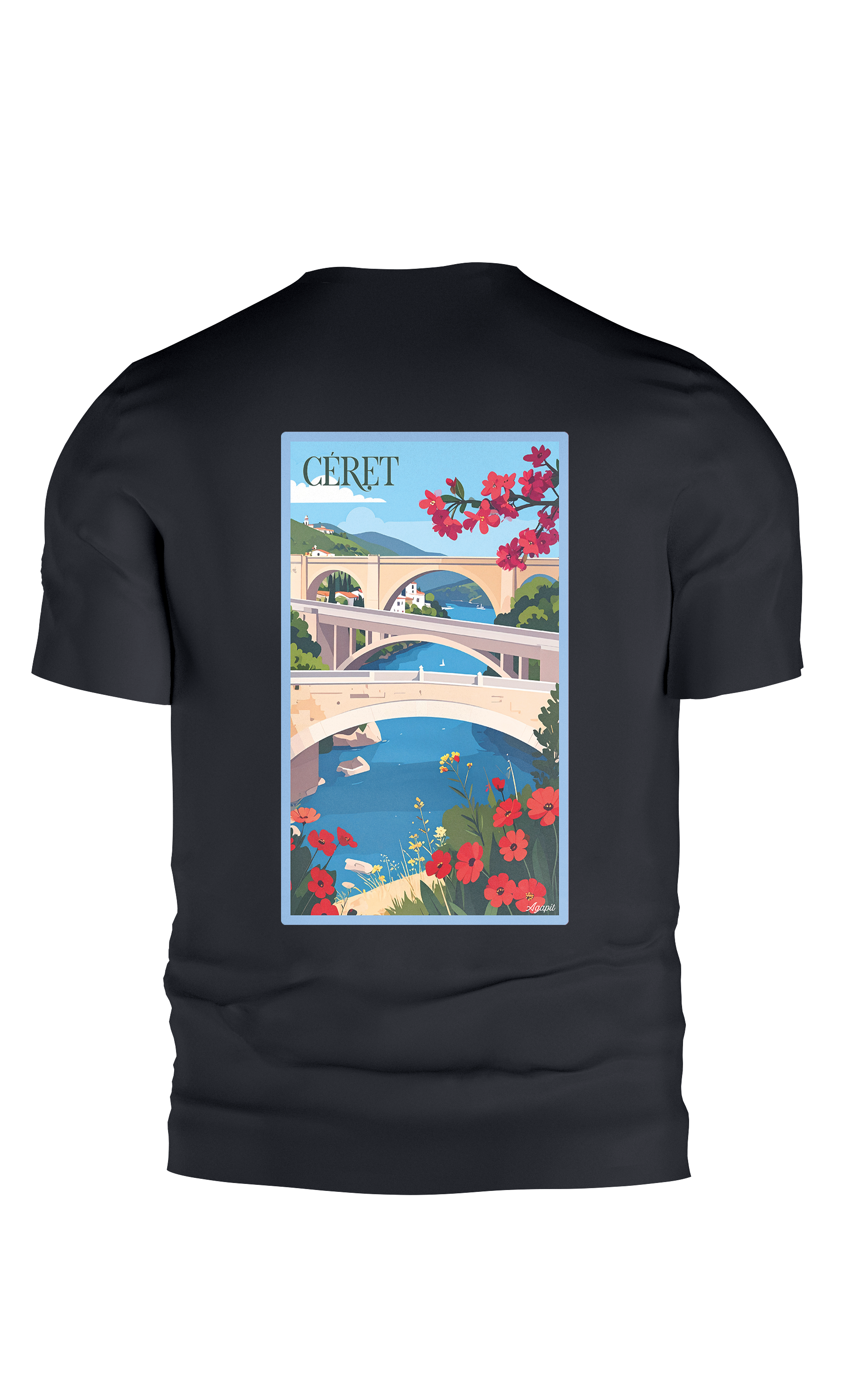 T-shirt AGAPIT Céret – Illustration artistique des trois ponts, clocher et façades pastel - Agapit - Artwear