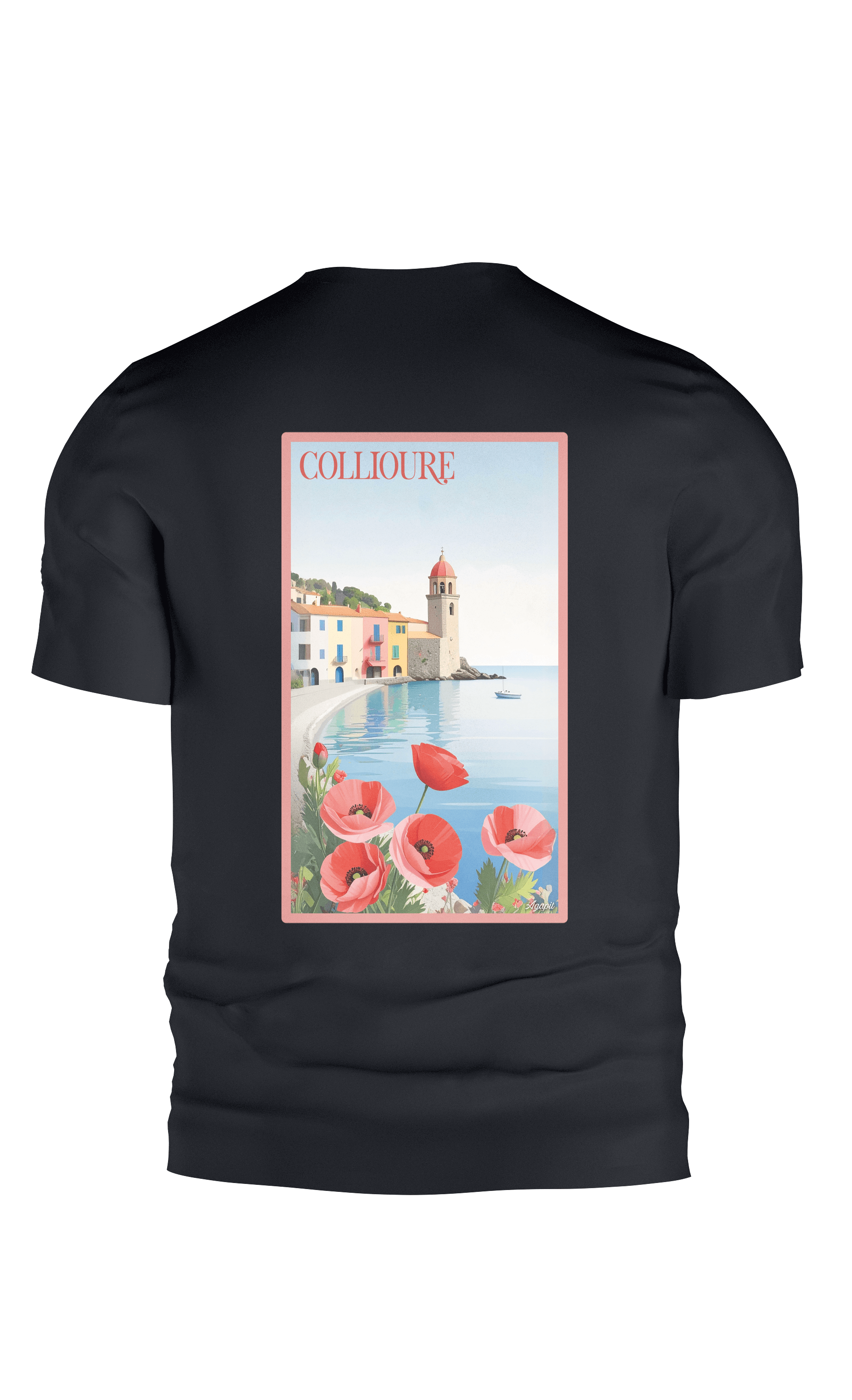 T-shirt AGAPIT Collioure – Illustration rétro du clocher et façades pastel - Agapit - Artwear