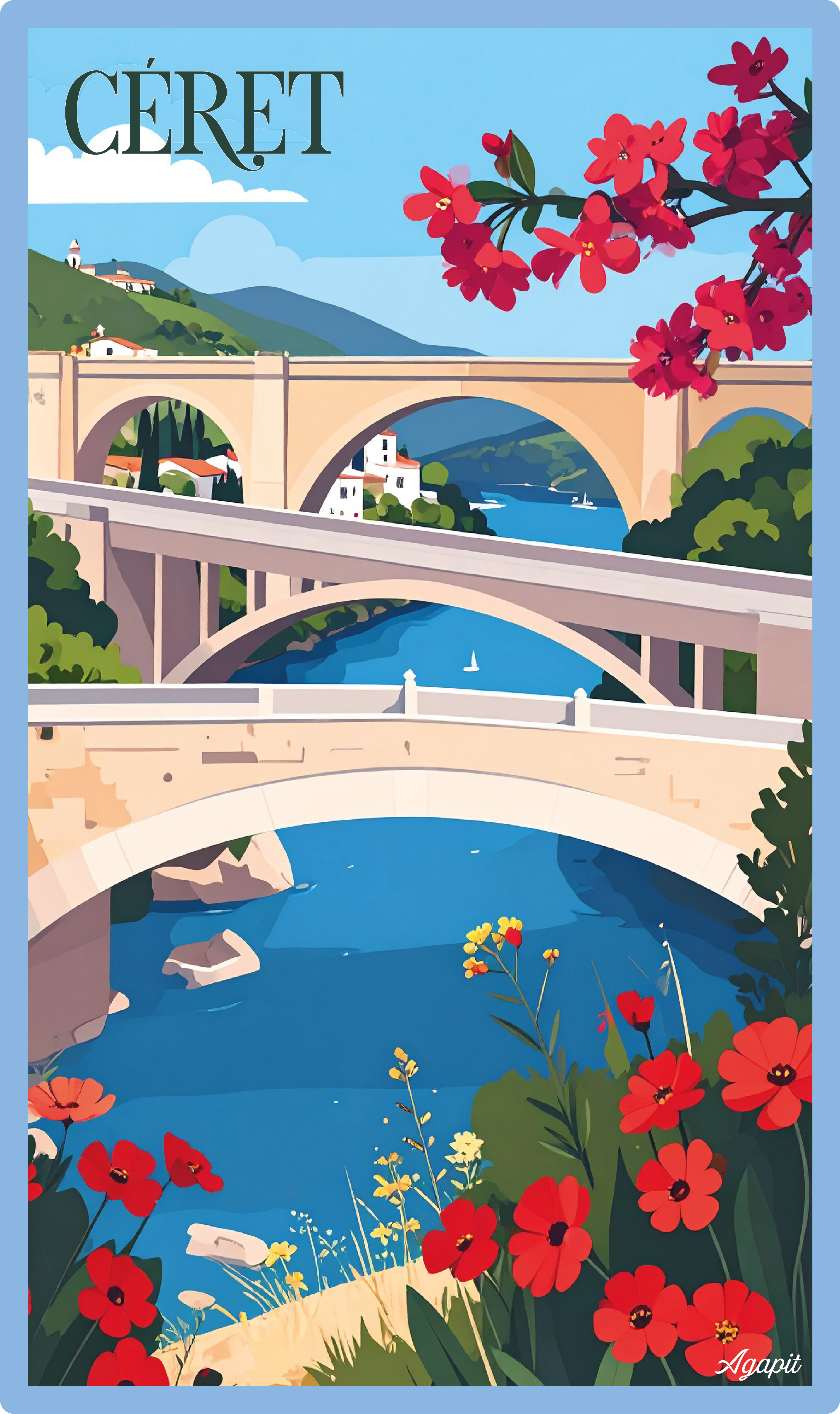 T-shirt AGAPIT Céret – Illustration artistique des trois ponts, clocher et façades pastel - Agapit - Artwear