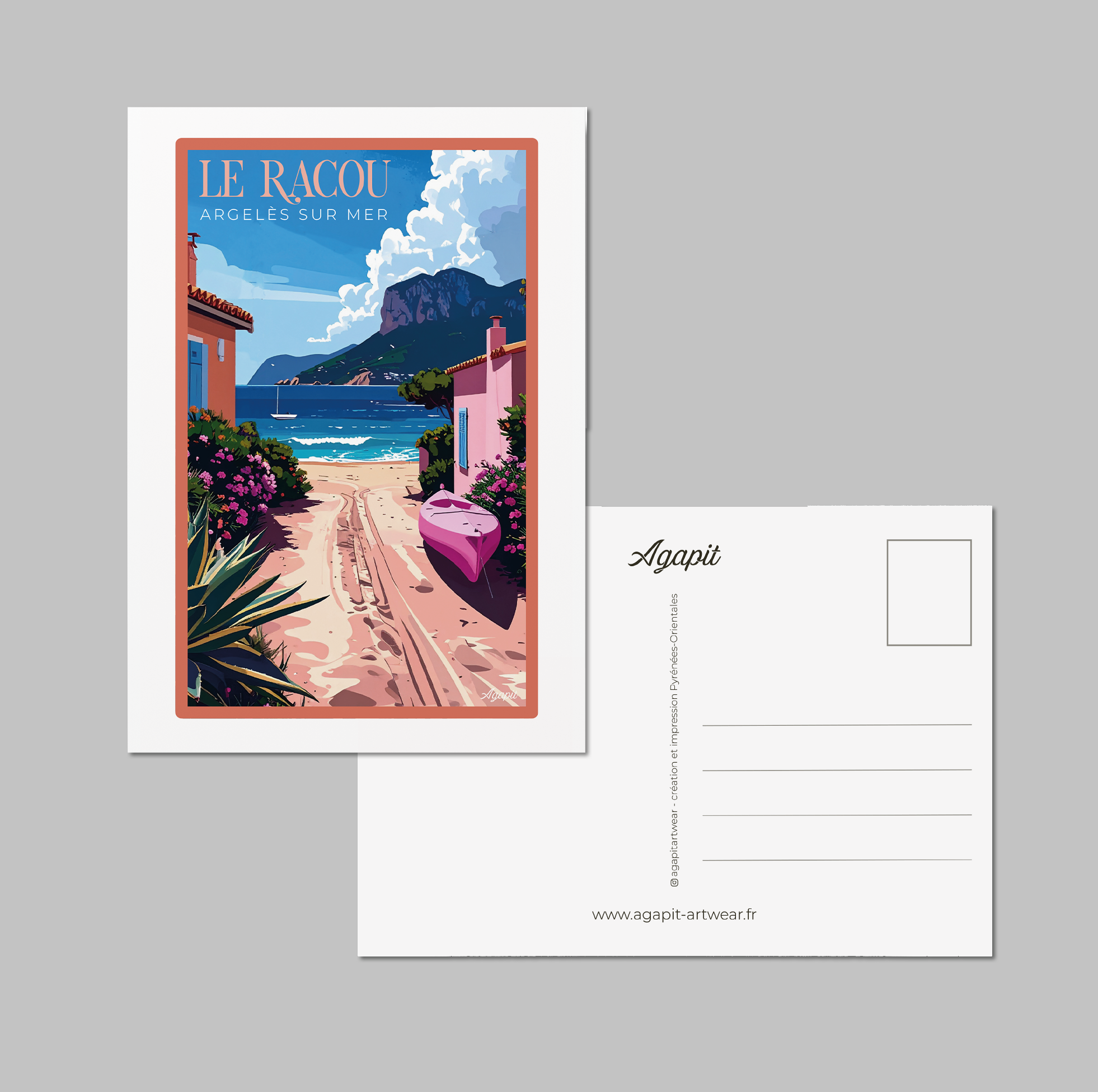 Carte postale Le Racou – Illustration vintage de la plage et des cabanes - Agapit - Artwear