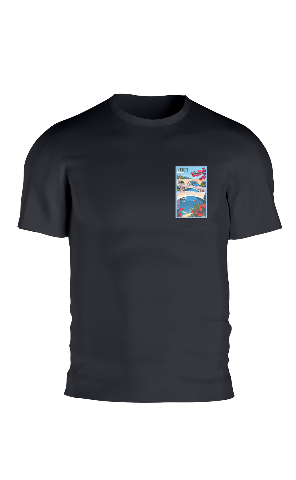 T-shirt AGAPIT Céret – Illustration artistique des trois ponts, clocher et façades pastel - Agapit - Artwear