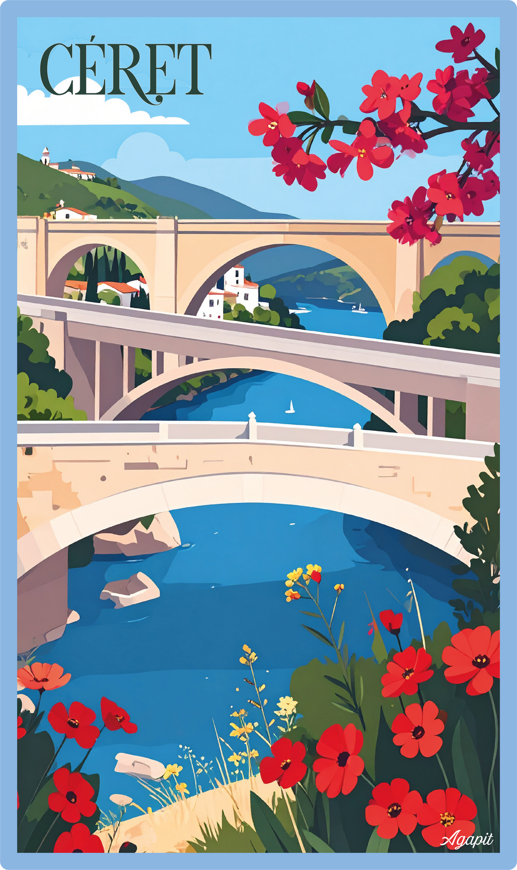 T-shirt AGAPIT Céret – Illustration artistique des trois ponts, clocher et façades pastel - Agapit - Artwear