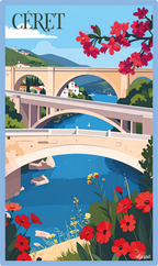 T-shirt AGAPIT Céret – Illustration artistique des trois ponts, clocher et façades pastel - Agapit - Artwear