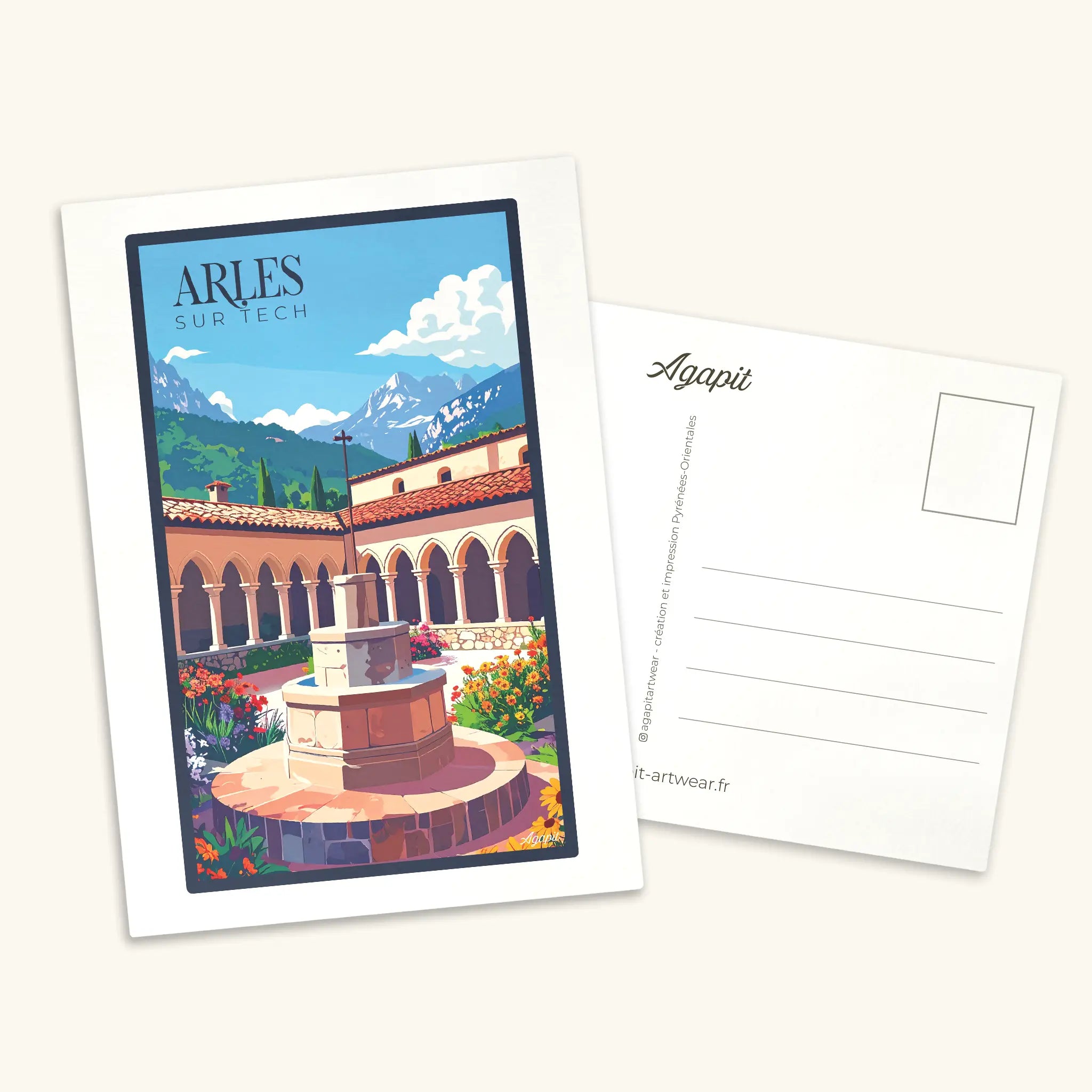 Carte postale illustrée d'Arles-sur-Tech au style vintage, représentant le village historique dans les Pyrénées-Orientales