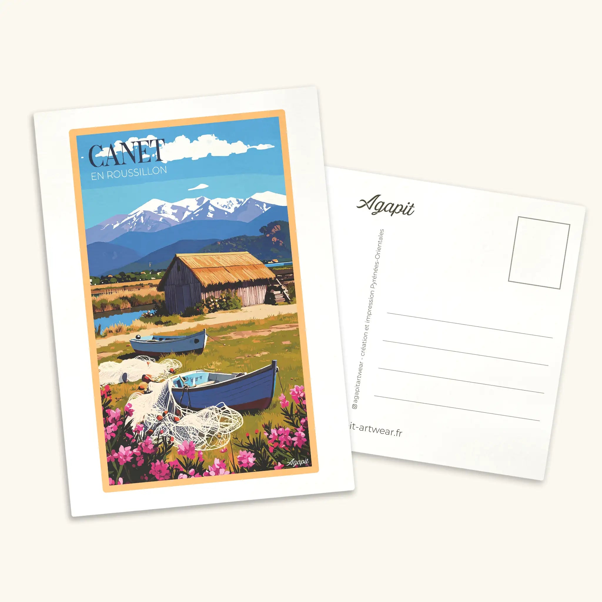 Carte postale illustrée de Canet Plage au style vintage, représentant la plage de sable fin et l'ambiance balnéaire dans les Pyrénées-Orientales