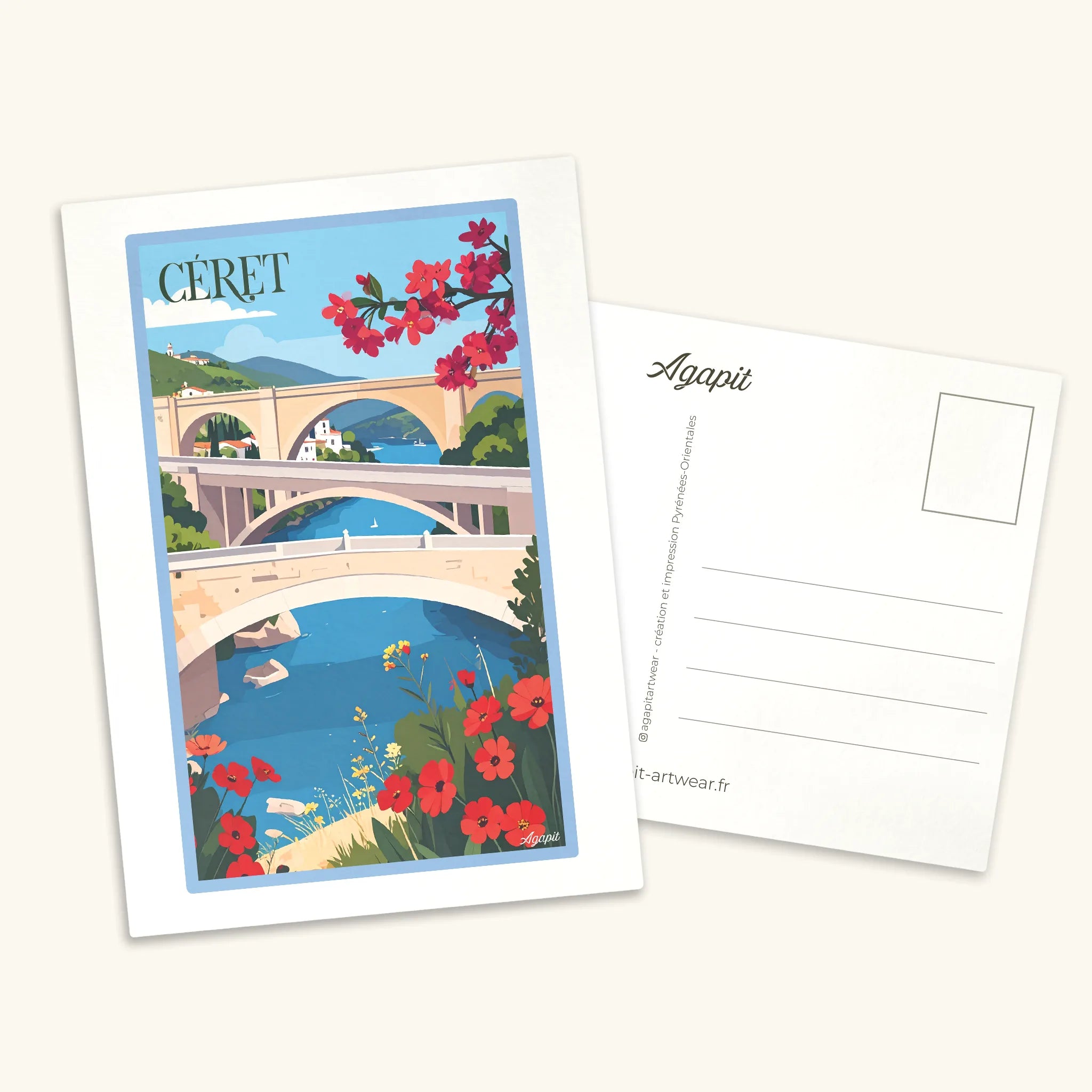 Carte postale vintage Céret - Illustration cité d'art et cerises Vallespir Agapit