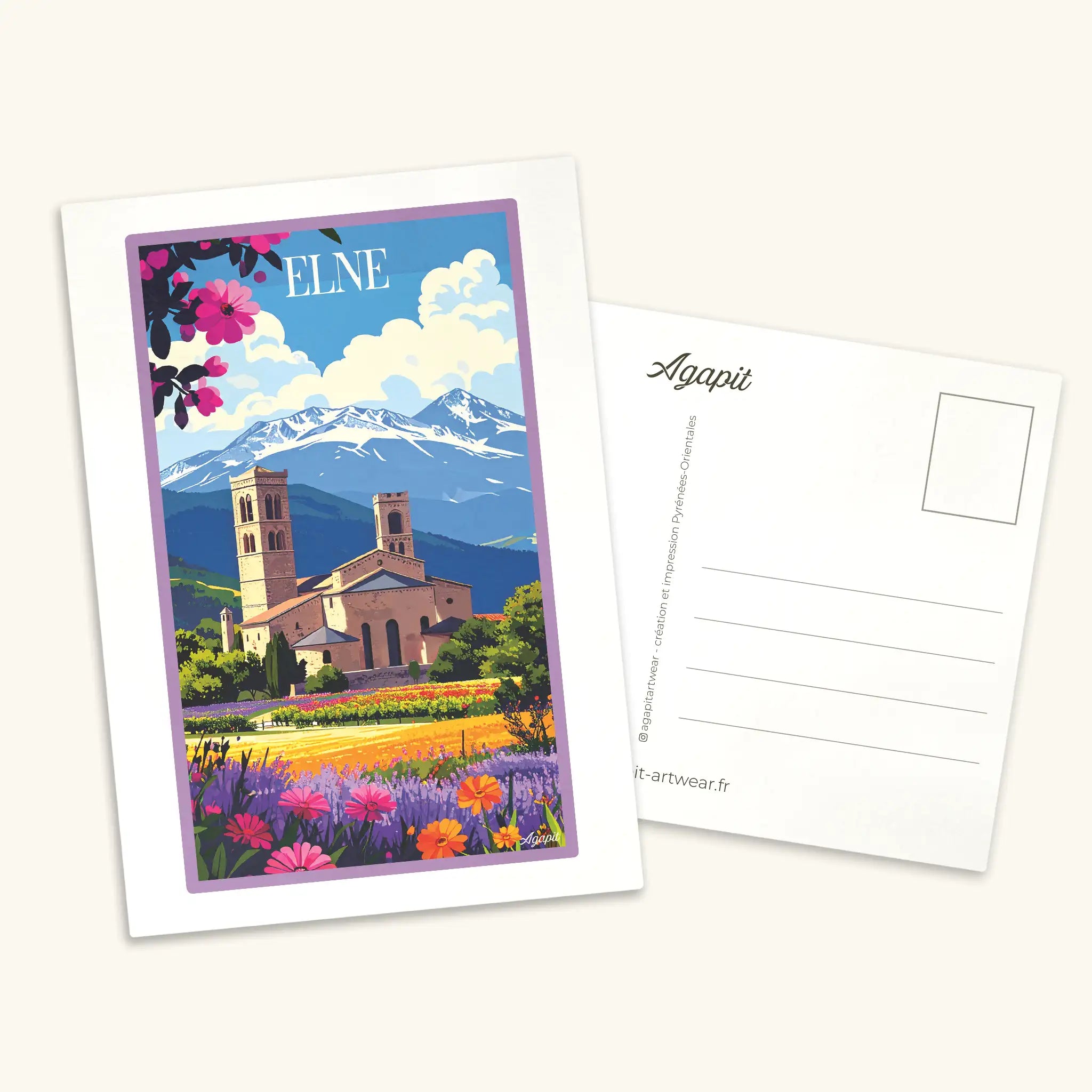 Carte postale illustrée d'Elne au style vintage, représentant la cathédrale et le cloître roman dans les Pyrénées-Orientales