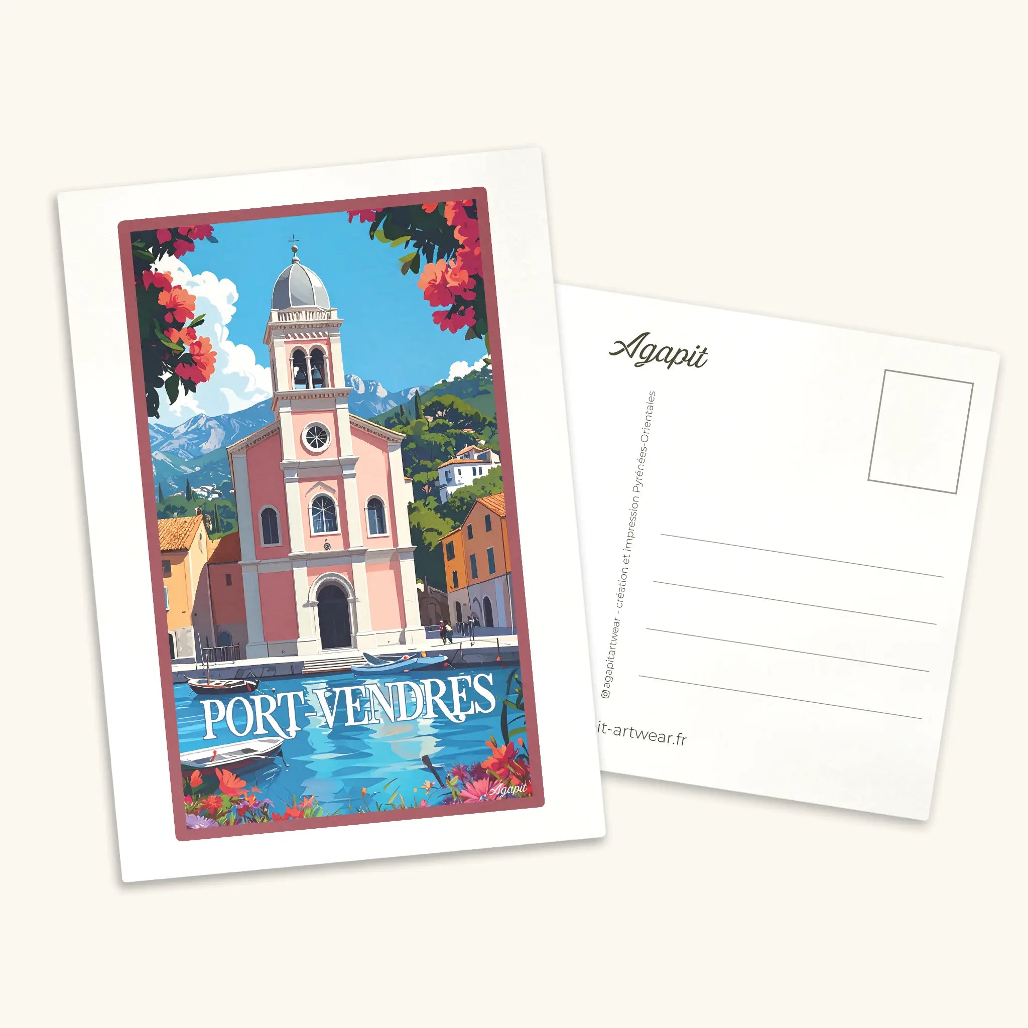 Carte postale illustrée de Port-Vendres au style vintage, représentant le port de pêche et les monuments de la Côte Vermeille dans les Pyrénées-Orientales
