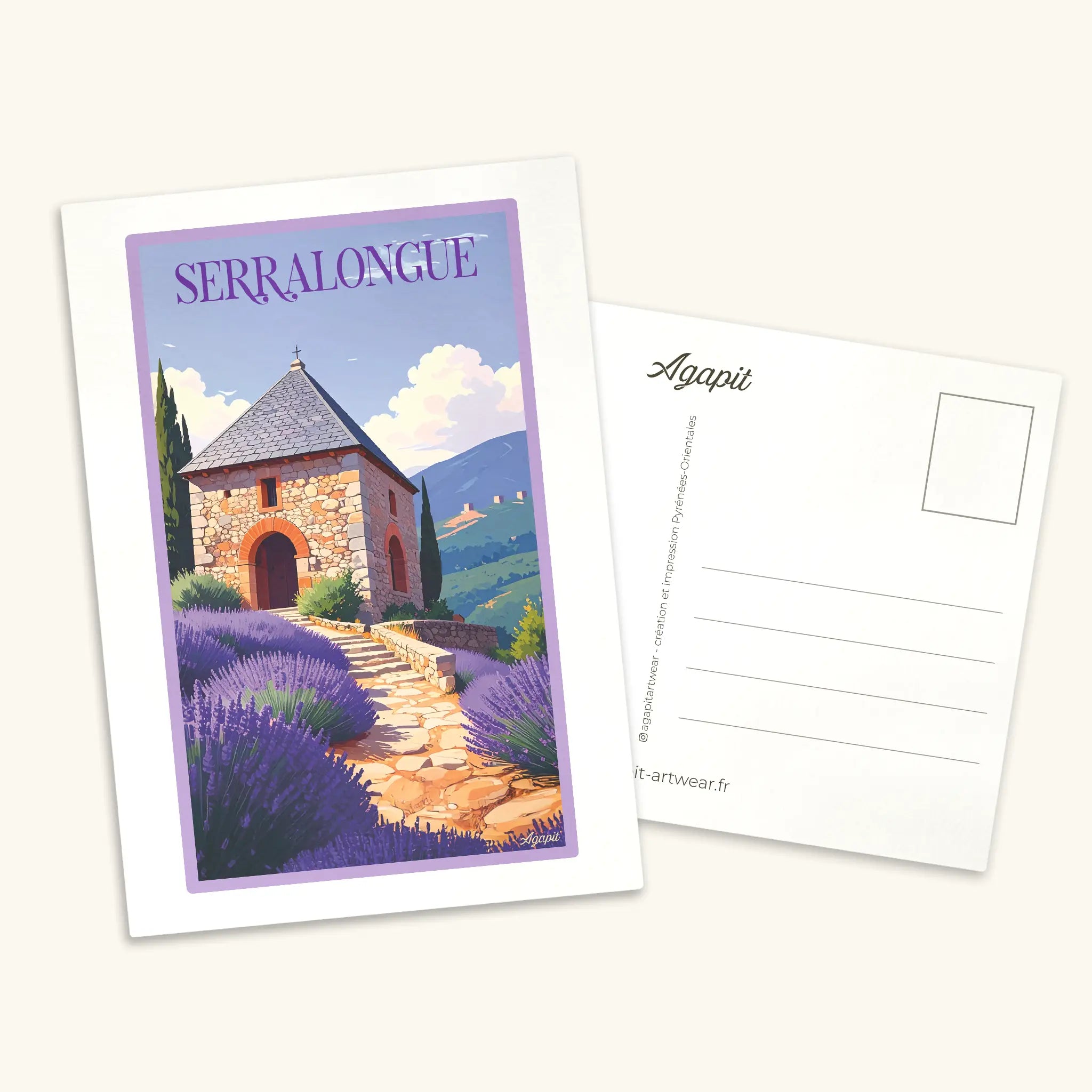 Carte postale illustrée de Serralongue au style vintage, représentant le village de montagne et son église romane dans les Pyrénées-Orientales