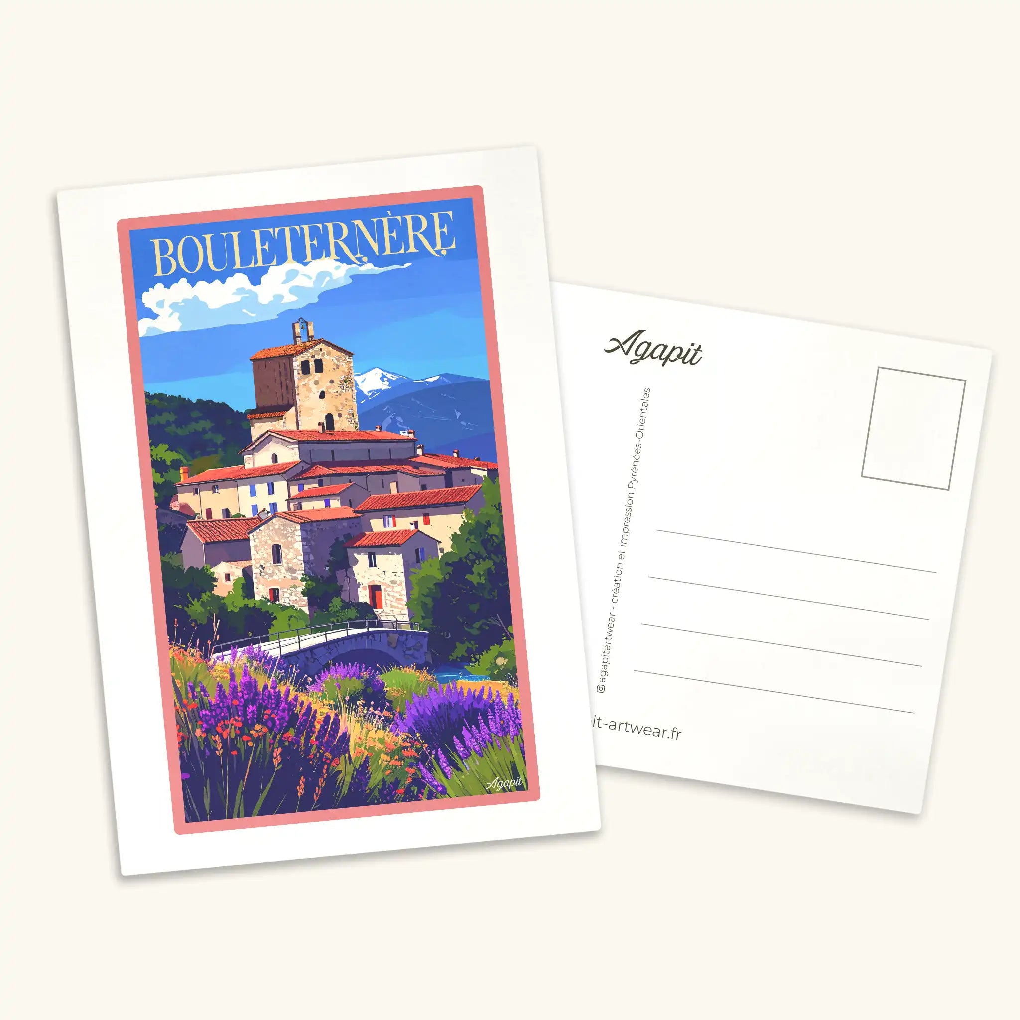 Carte postale illustrée de Bouleternère au style vintage, représentant le clocher-donjon et le village fortifié dans les Pyrénées-Orientales
