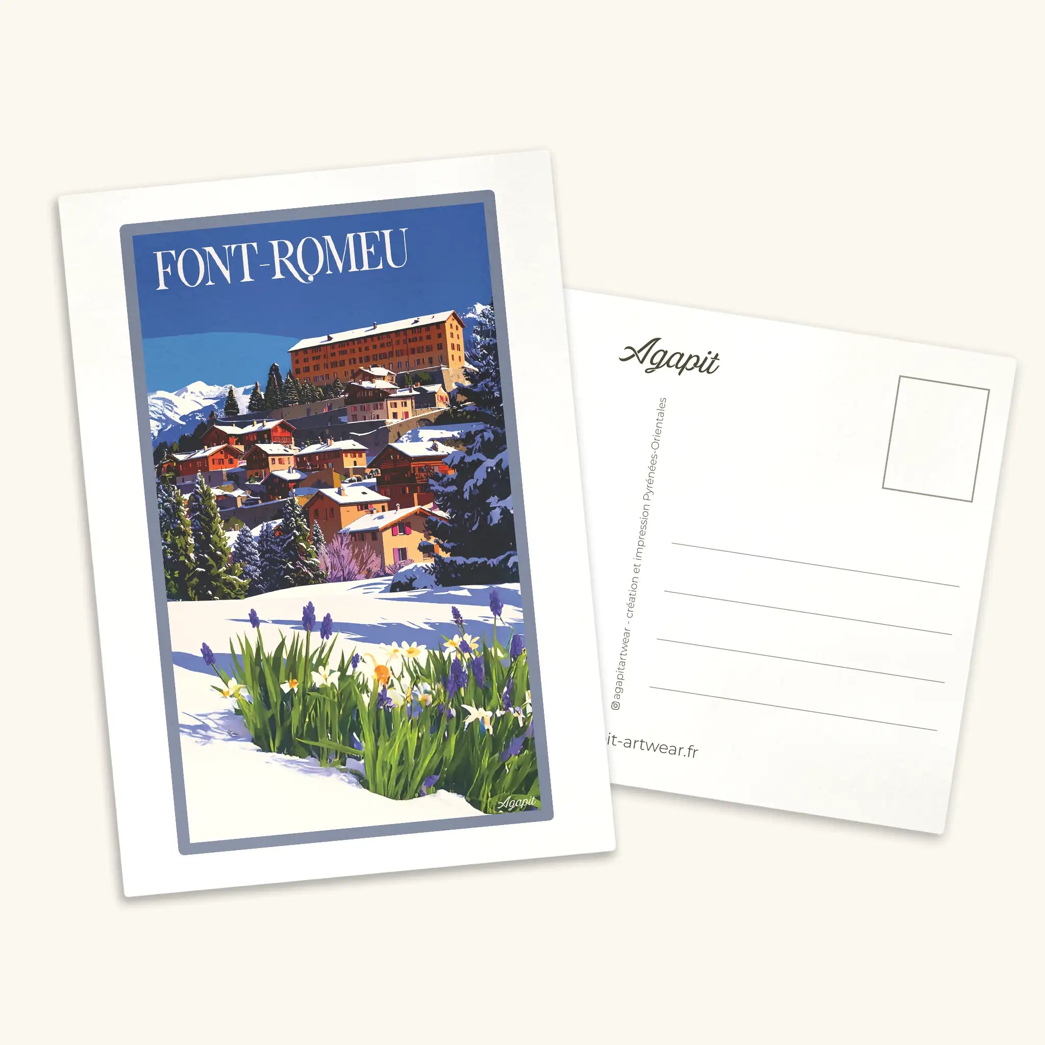 Carte postale illustrée de Font-Romeu au style vintage, représentant la station de ski et les paysages enneigés des Pyrénées-Orientales
