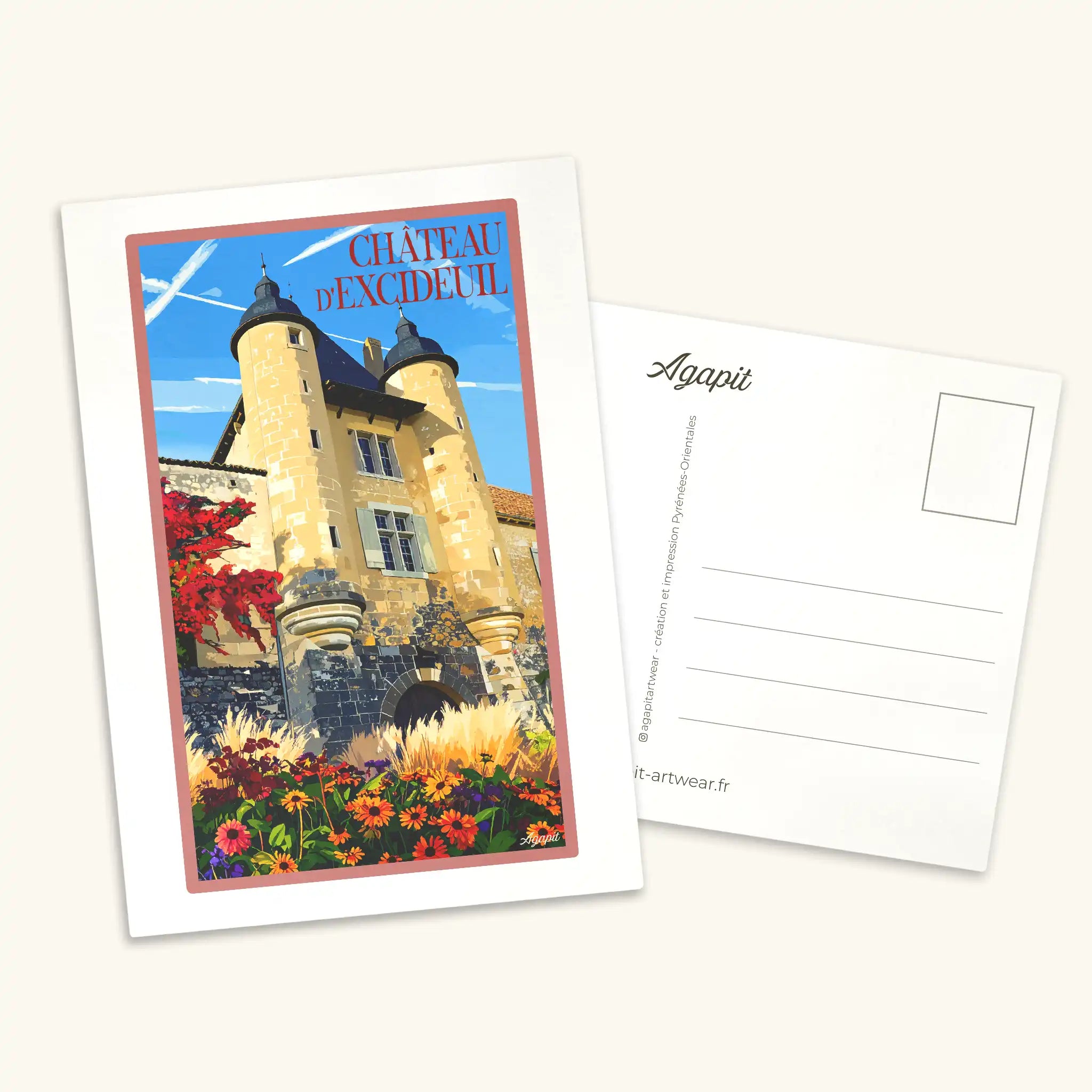 Carte postale illustrée du Château d'Excideuil au style vintage, représentant les doubles donjons et la forteresse médiévale en Dordogne