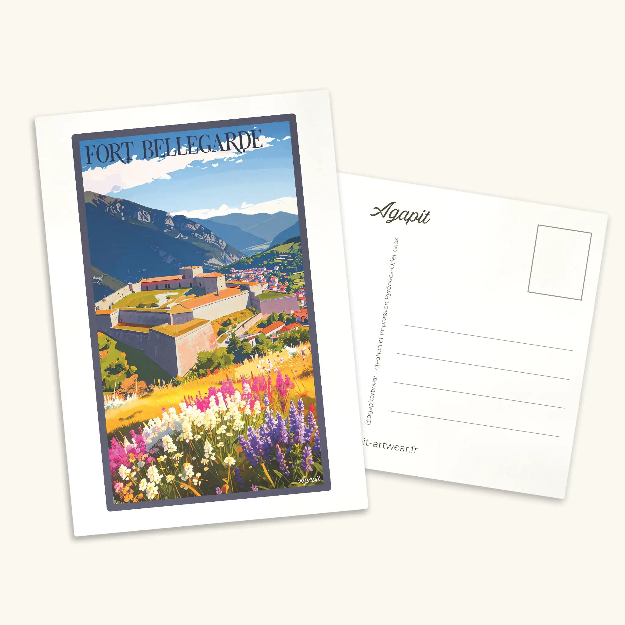 Carte postale illustrée du Fort de Bellegarde au style vintage, représentant la forteresse de Vauban dominant le Perthus dans les Pyrénées-Orientales