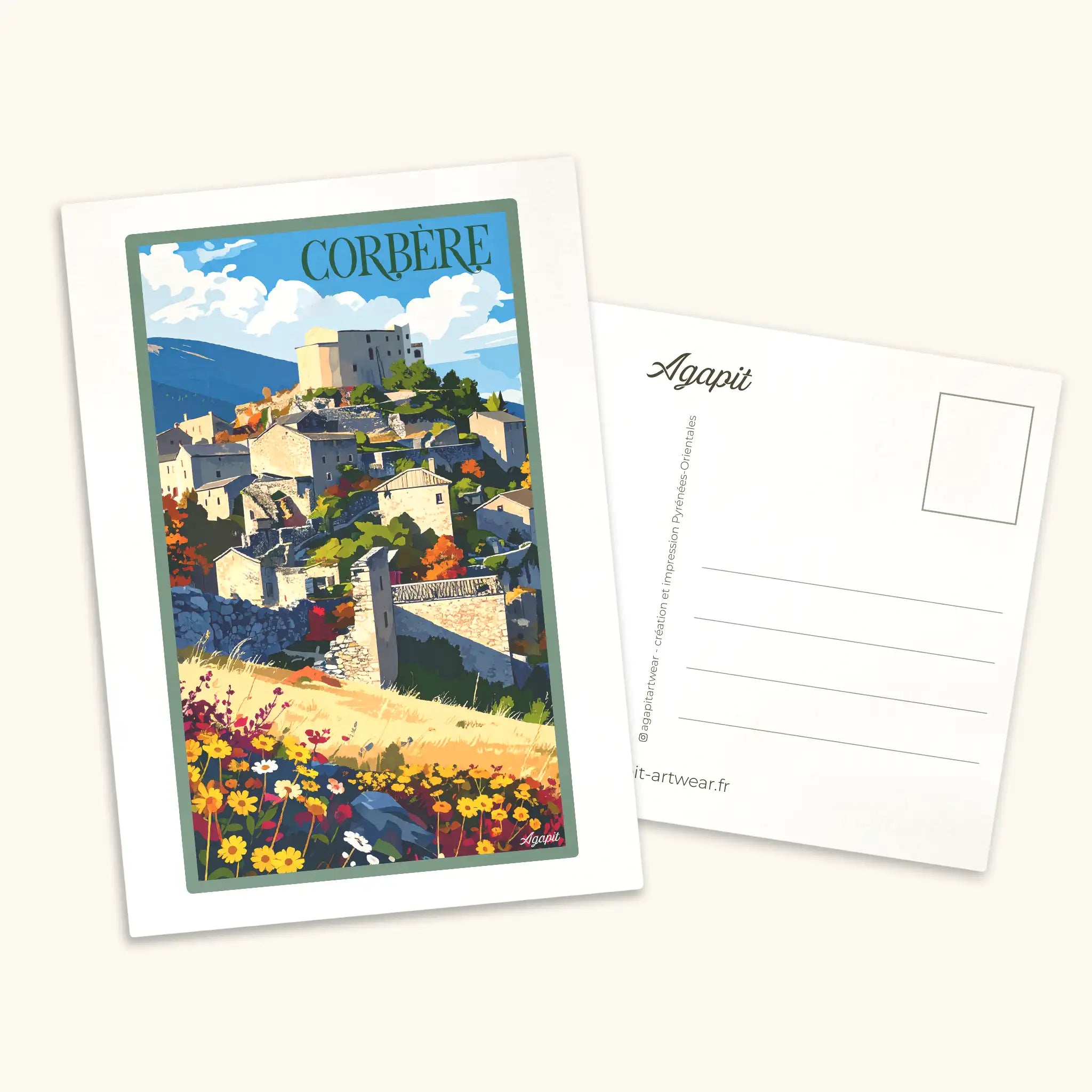 Carte postale illustrée de Corbère d'en haut au style vintage, représentant le château médiéval et l'église fortifiée dans les Pyrénées-Orientales