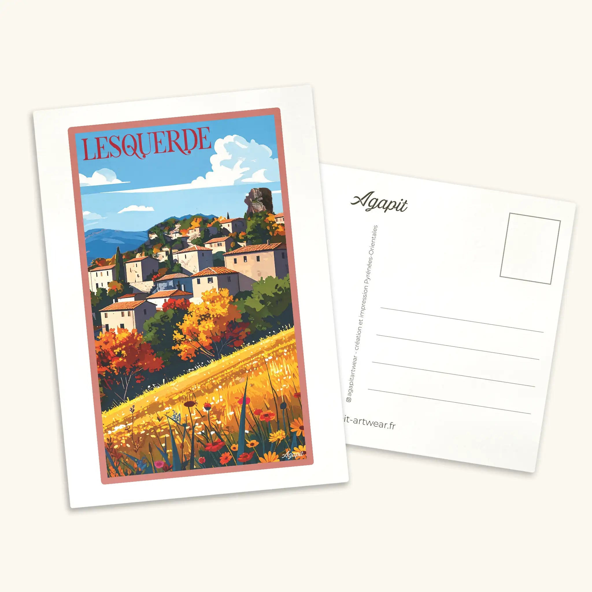Carte postale illustrée de Lesquerde au style vintage, représentant le village et ses vignobles sur granit dans les Pyrénées-Orientales