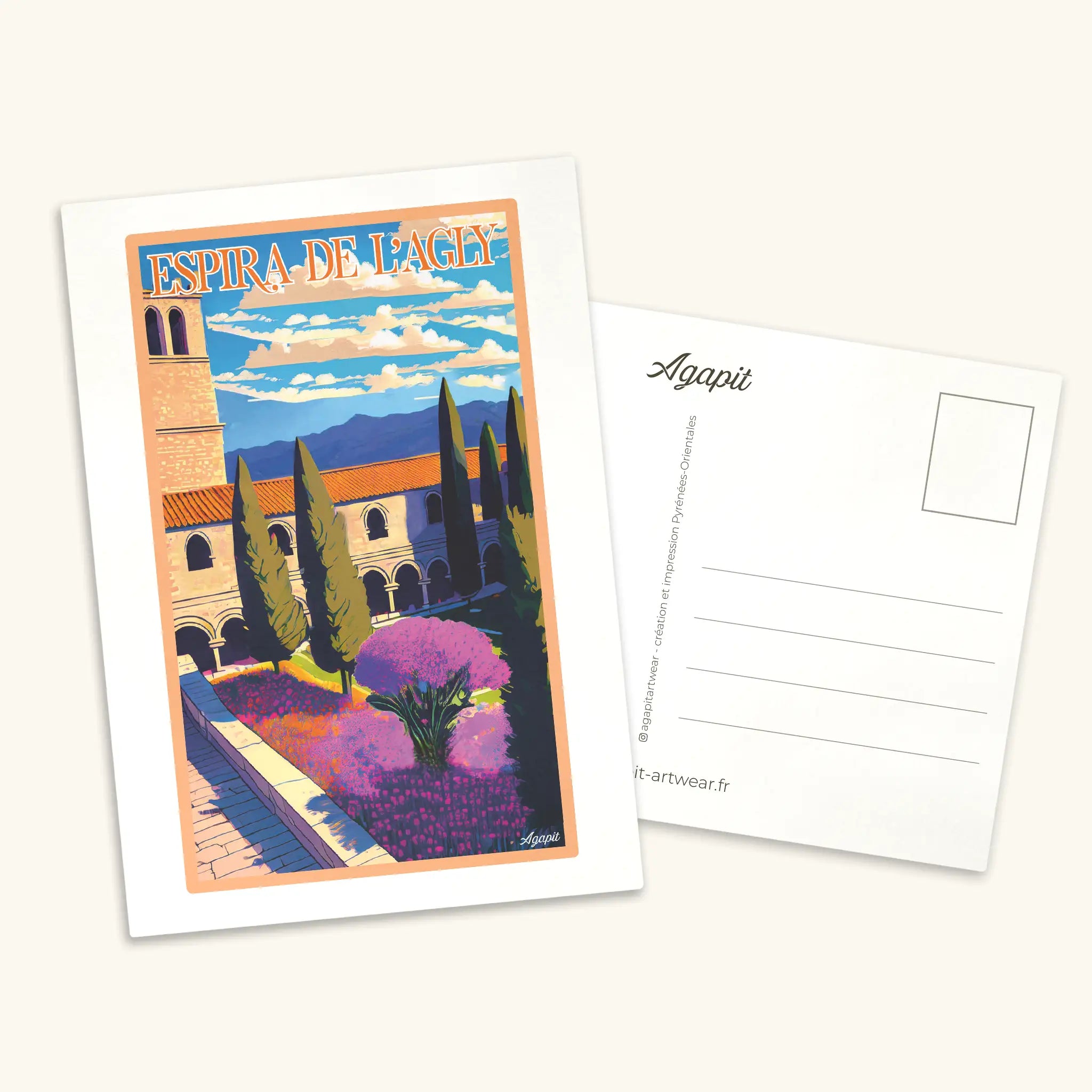 Carte postale illustrée d'Espira-de-l'Agly au style vintage, représentant l'église romane et les paysages au bord de l'Agly dans les Pyrénées-Orientales