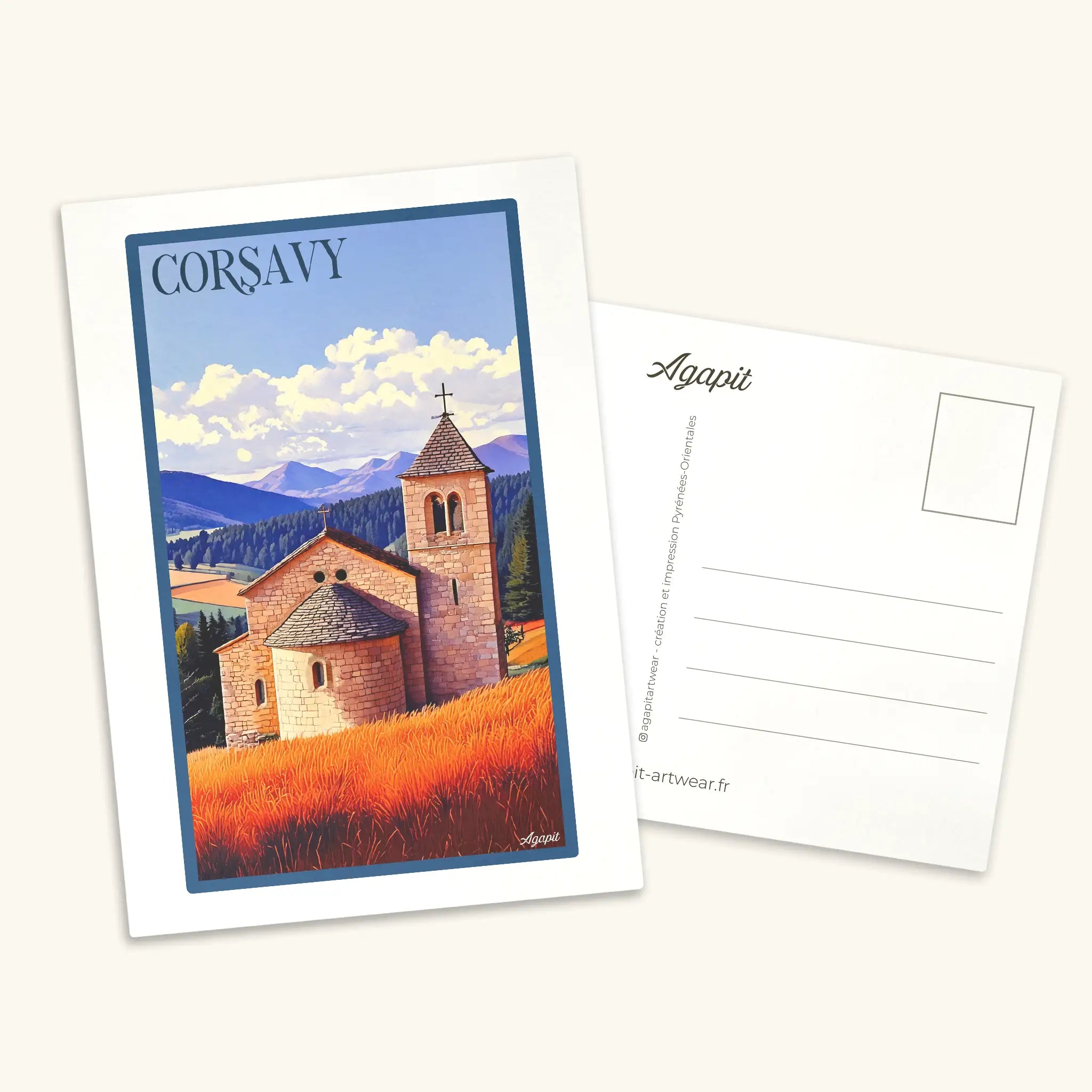 Carte postale illustrée de Corsavy au style vintage, représentant le village de montagne et les vestiges du château dans les Pyrénées-Orientales