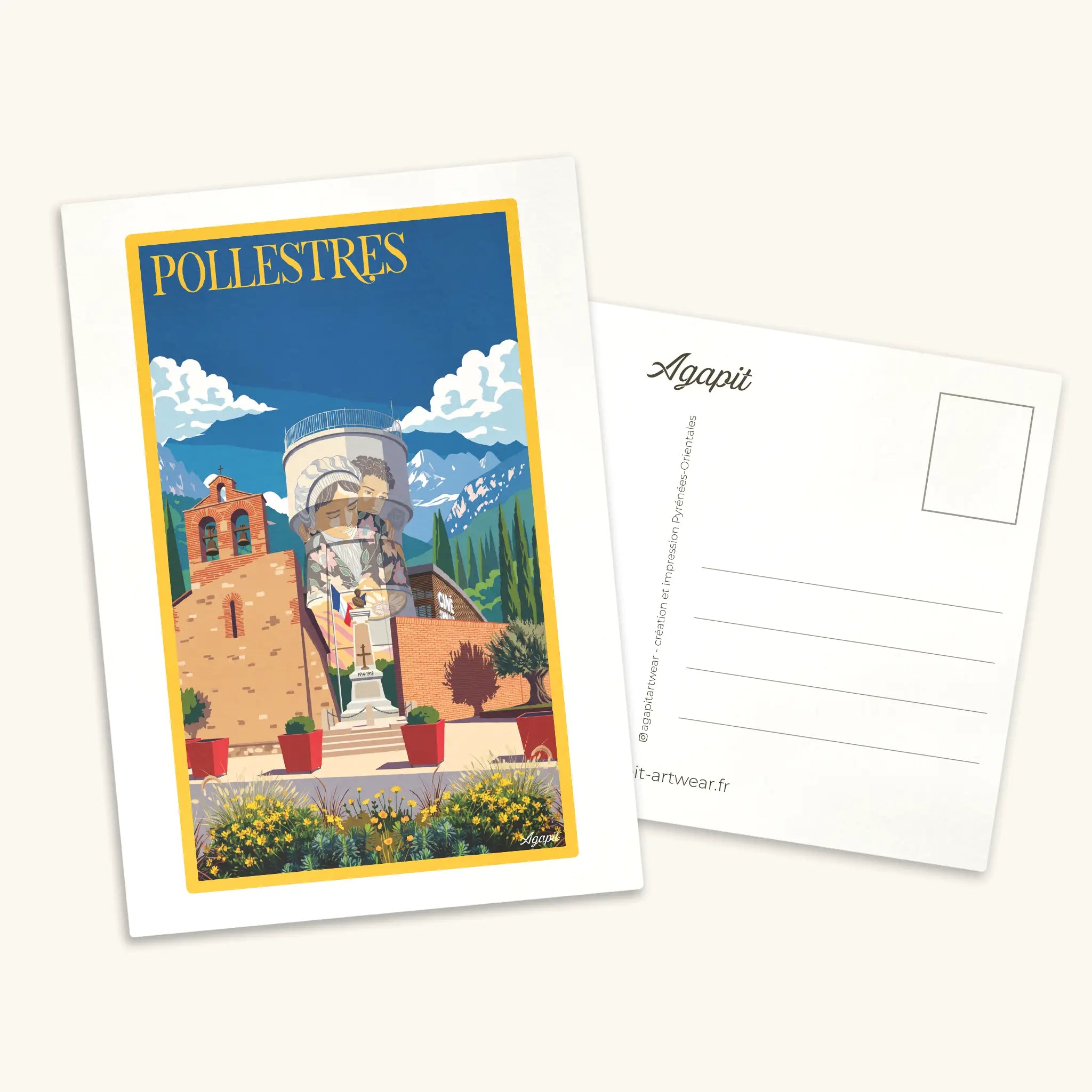 Carte postale illustrée de Pollestres au style vintage, représentant l'église historique Saint-Martin et le village dans les Pyrénées-Orientales