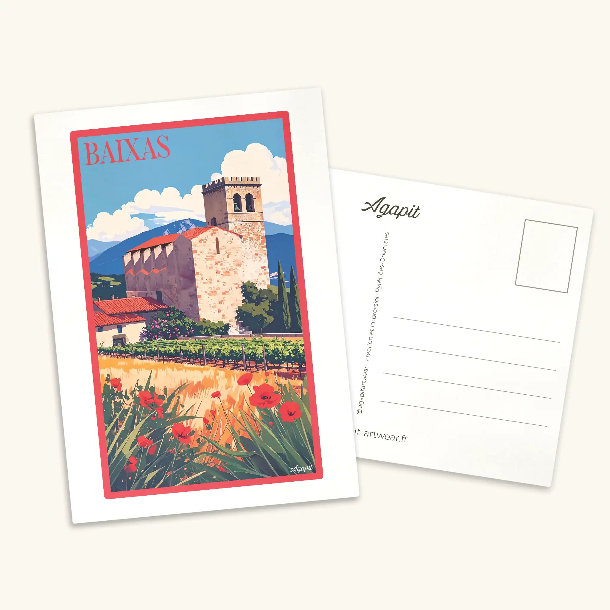 Carte postale illustrée de Baixas au style vintage, représentant le village vigneron et l'église.
