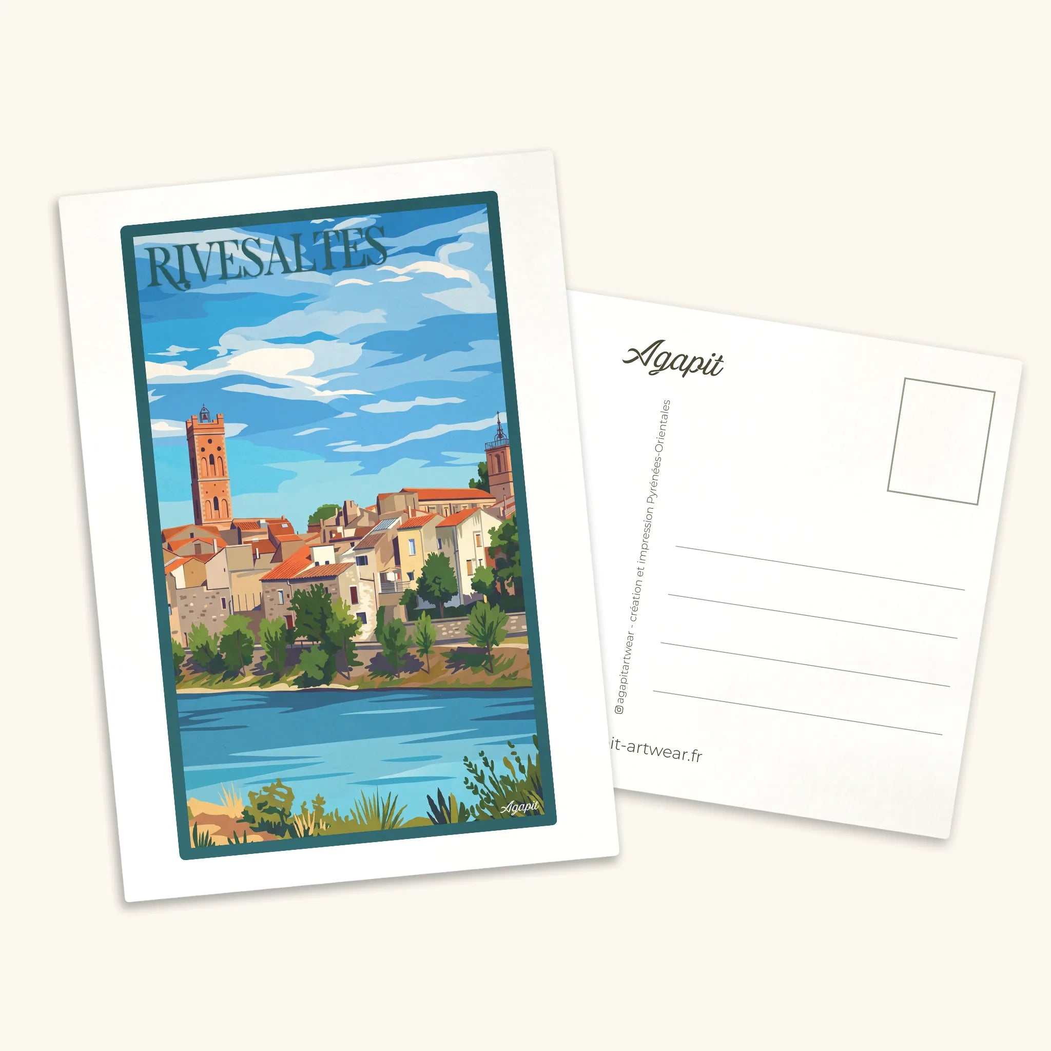 Carte postale illustrée de Rivesaltes au style vintage, représentant le village, ses vignobles et ses vins doux naturels dans les Pyrénées-Orientales