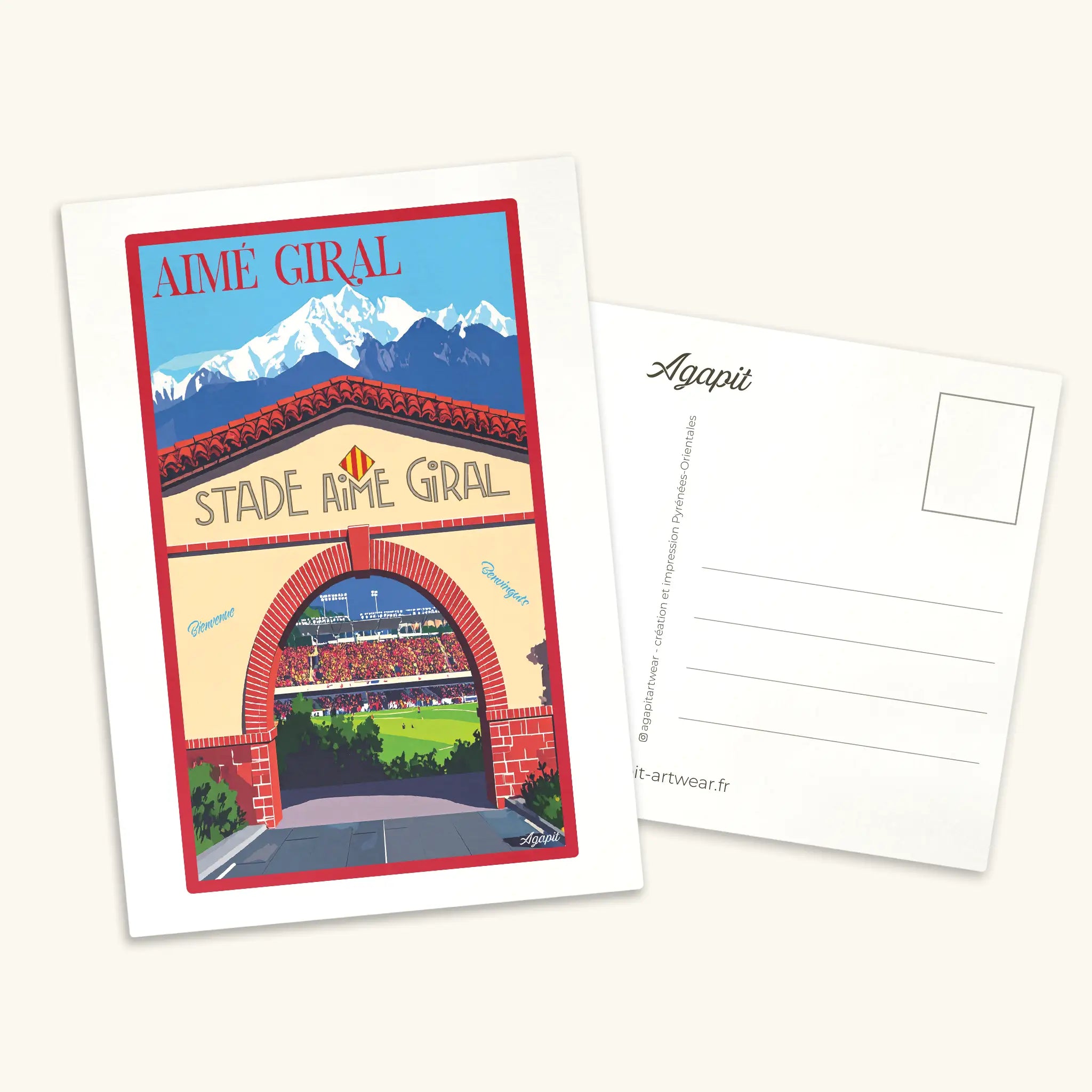 Carte postale illustrée du Stade Aimé Giral au style vintage, représentant le temple du rugby à Perpignan et l'USAP dans les Pyrénées-Orientales
