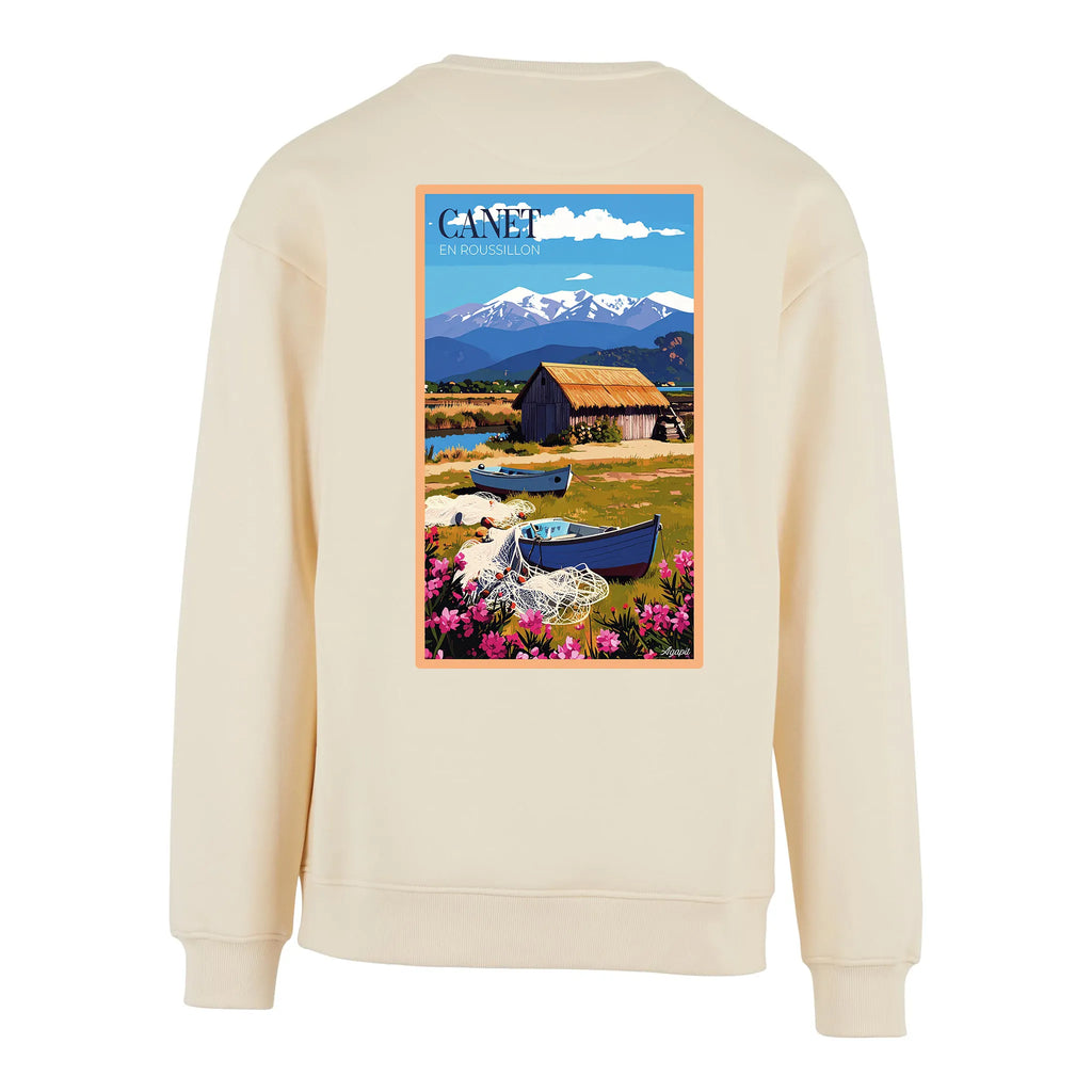 Sweat-shirt rétro Étang de Canet - Illustration vintage cabanes de pêcheurs en roseaux et vue sur le Canigou Agapit