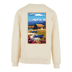 Sweat-shirt rétro Étang de Canet - Illustration vintage cabanes de pêcheurs en roseaux et vue sur le Canigou Agapit