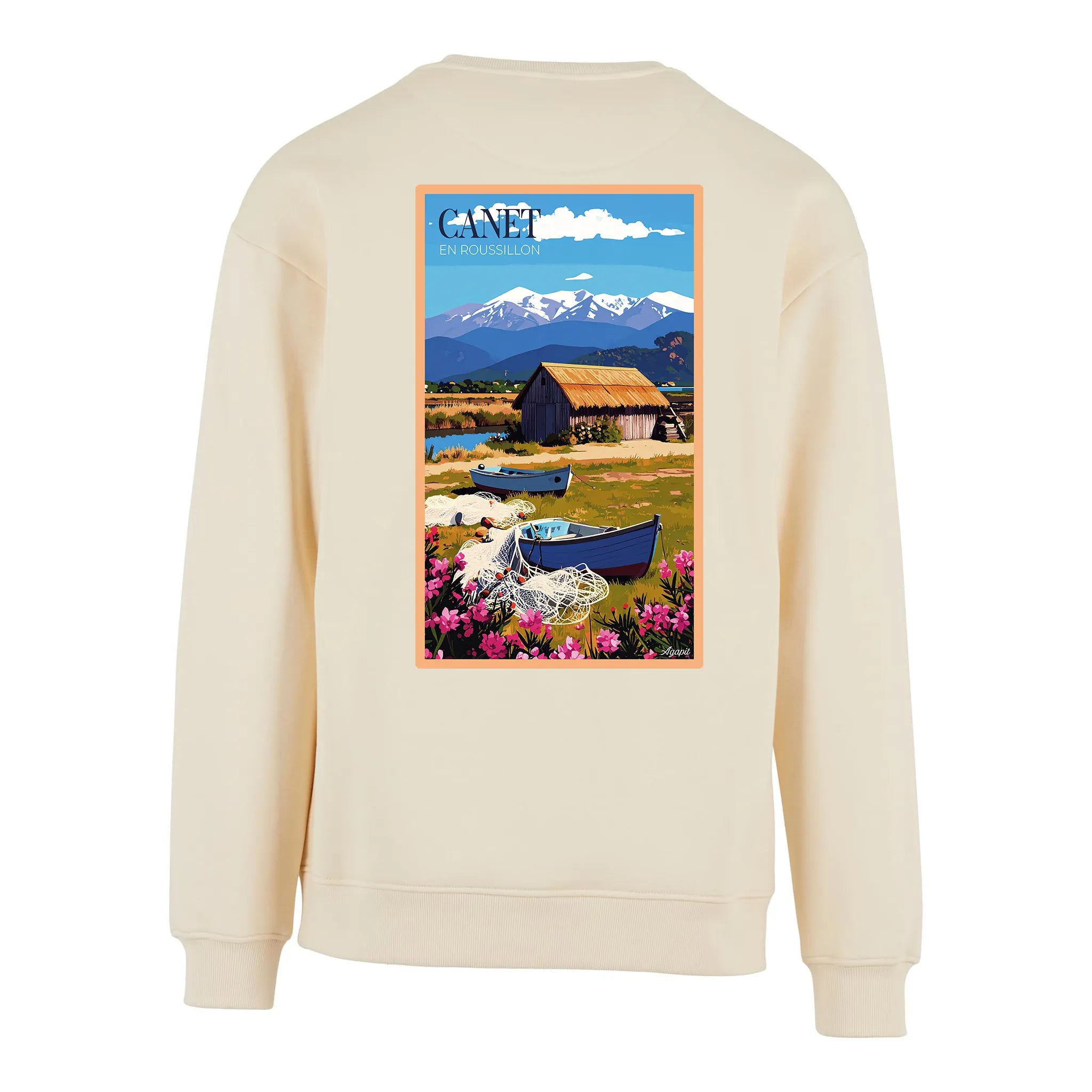 Sweat-shirt rétro Étang de Canet - Illustration vintage cabanes de pêcheurs en roseaux et vue sur le Canigou Agapit