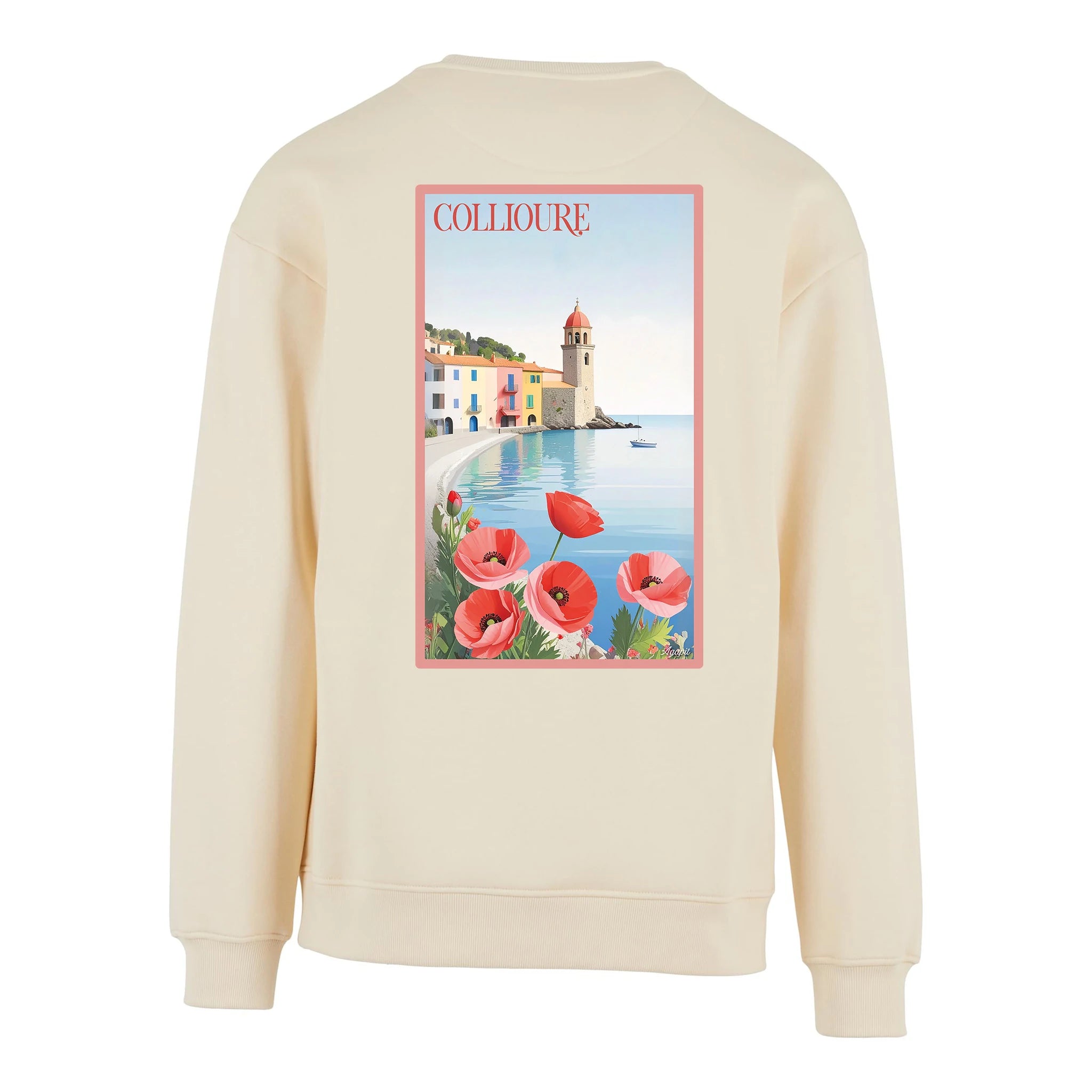 Sweat-shirt dos blanc en coton biologique Agapit avec illustration rétro du clocher de Collioure et de la baie catalane