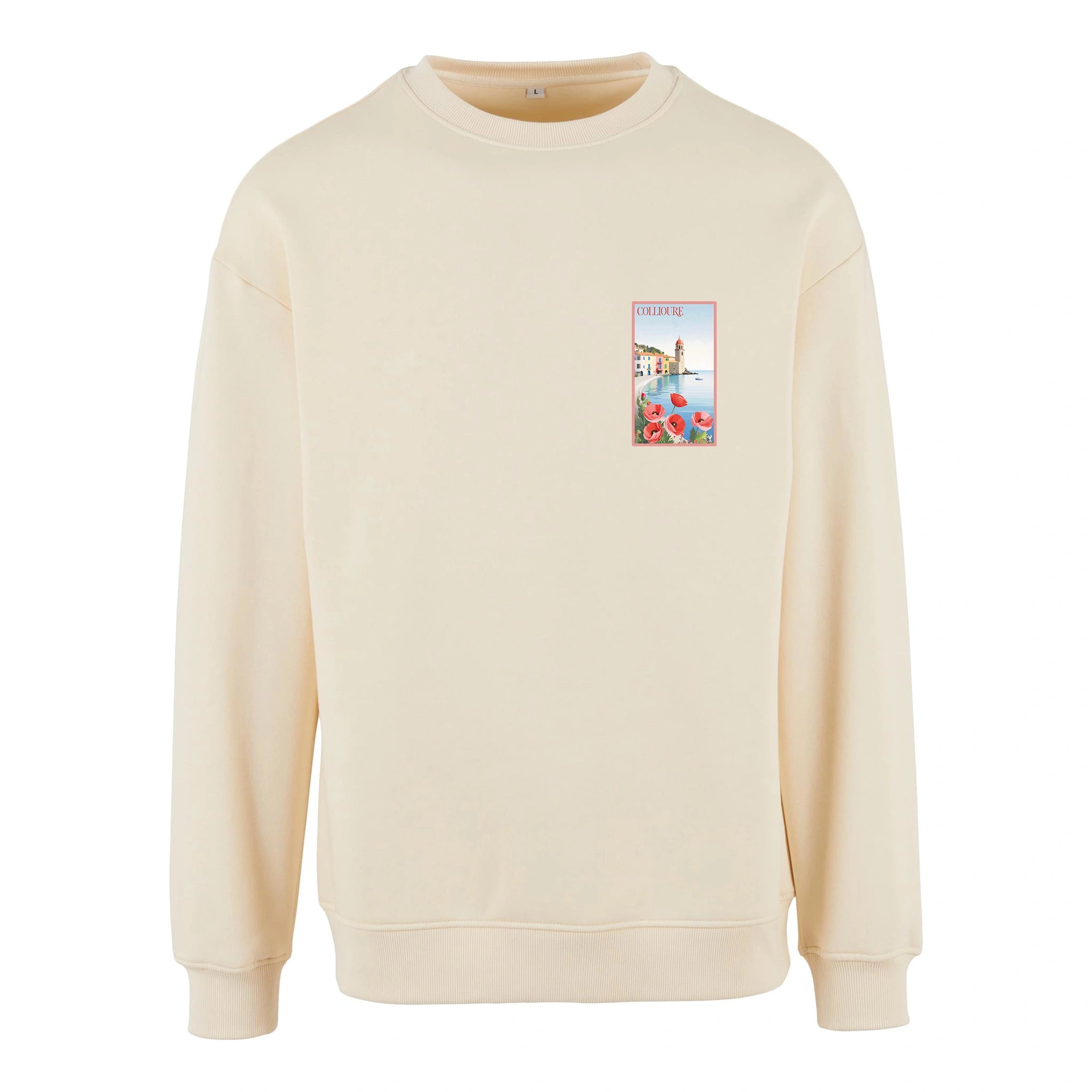 Sweat-shirt blanc coeur en coton biologique Agapit avec illustration rétro du clocher de Collioure et de la baie catalane