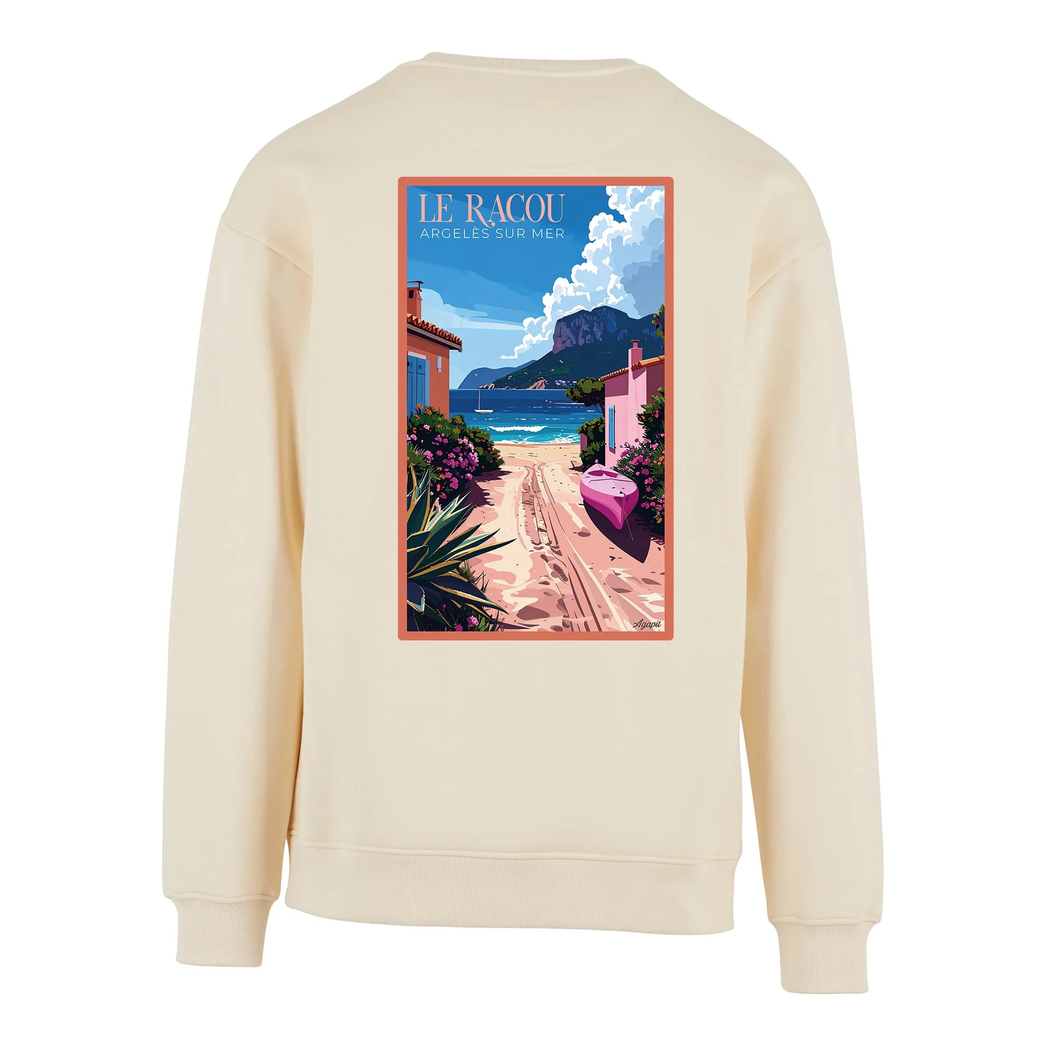 Sweat-shirt rétro Le Racou - Illustration vintage cabanes de pêcheurs et plage Argelès-sur-Mer Agapit