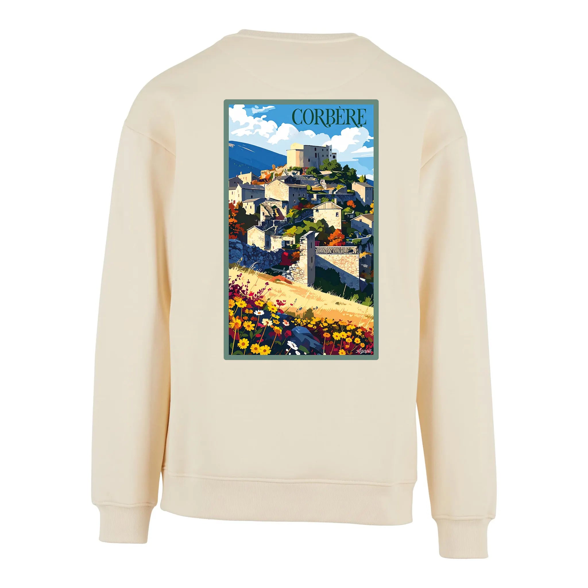 Sweat-shirt rétro Corbère d'en haut - Illustration vintage village perché et château médiéval Agapit