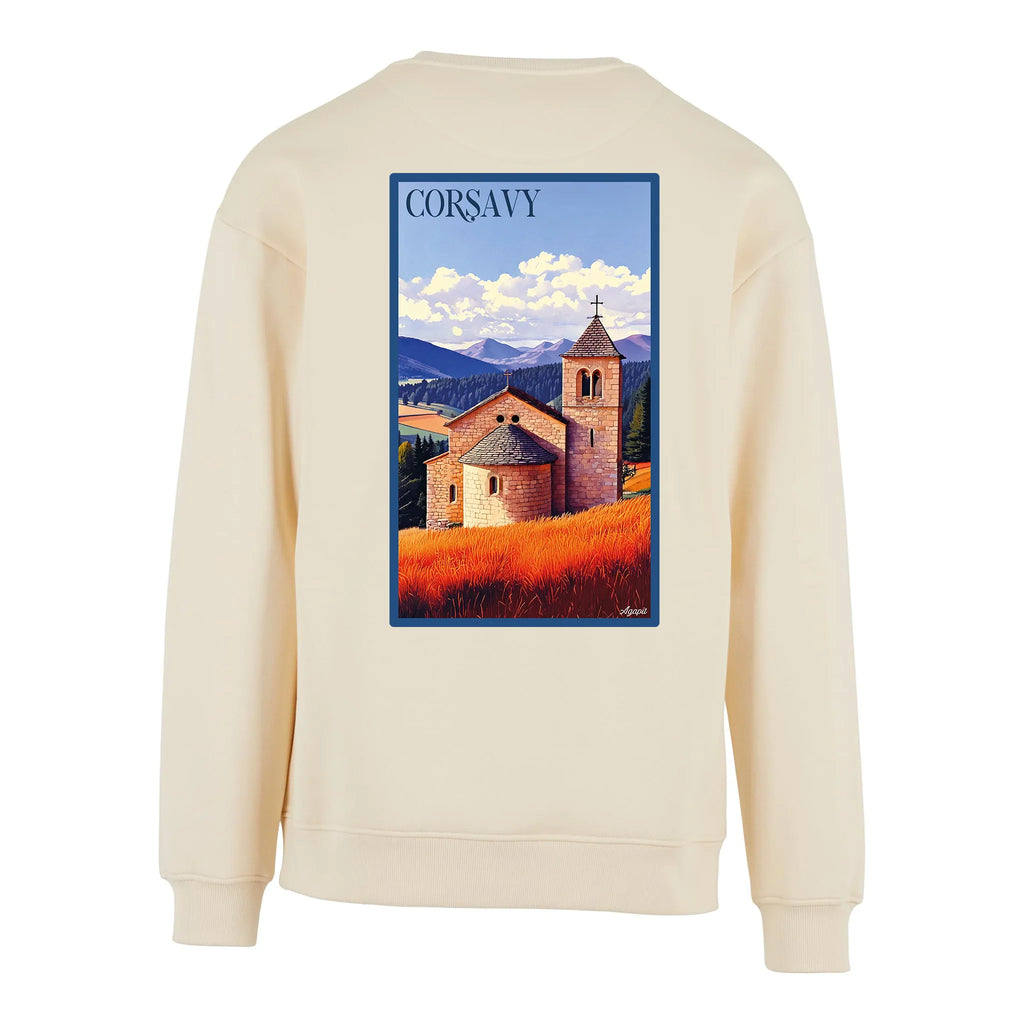 Sweat-shirt rétro Corsavy - Illustration vintage village de montagne et vestiges de château Agapit