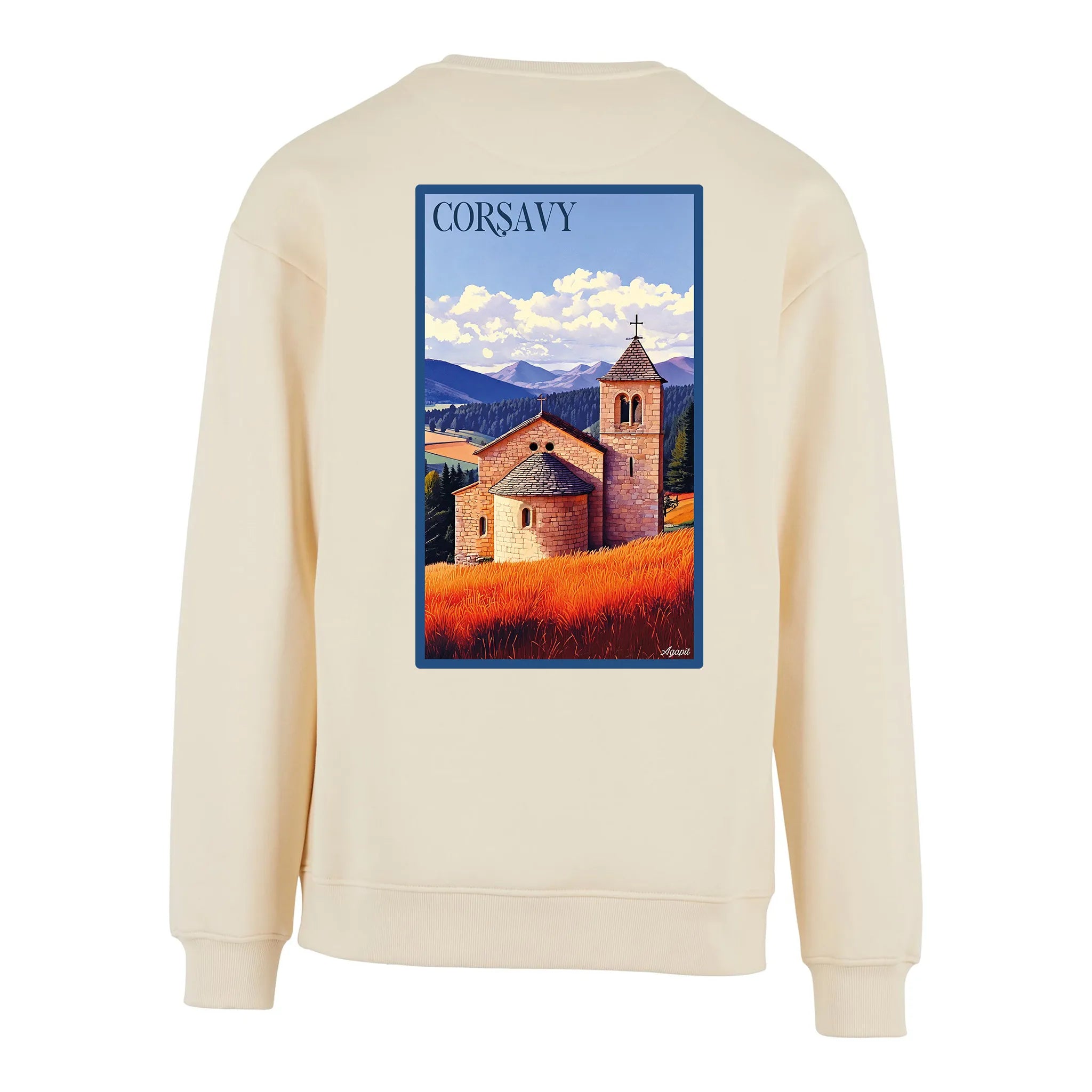 Sweat-shirt rétro Corsavy - Illustration vintage village de montagne et vestiges de château Agapit