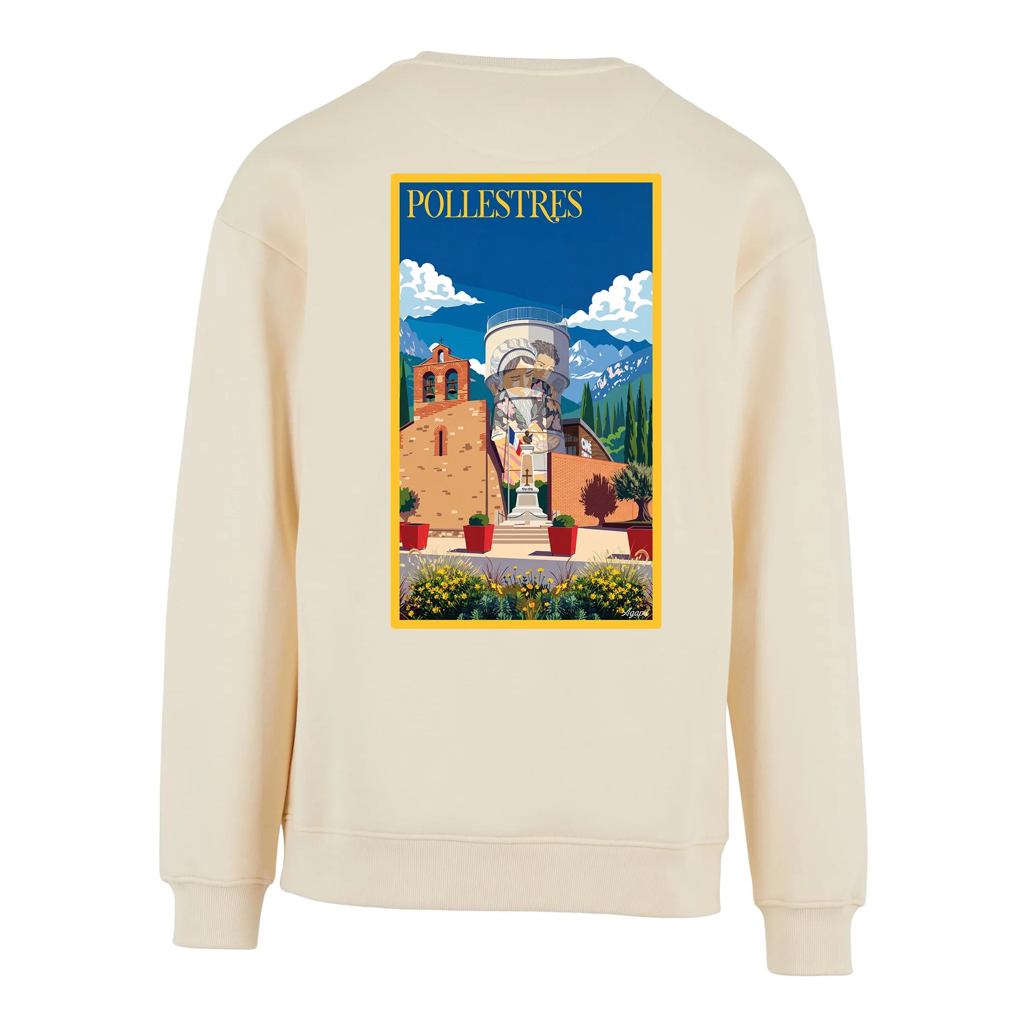 Sweat-shirt rétro Pollestres - Illustration vintage église Saint-Martin et vignobles Agapit