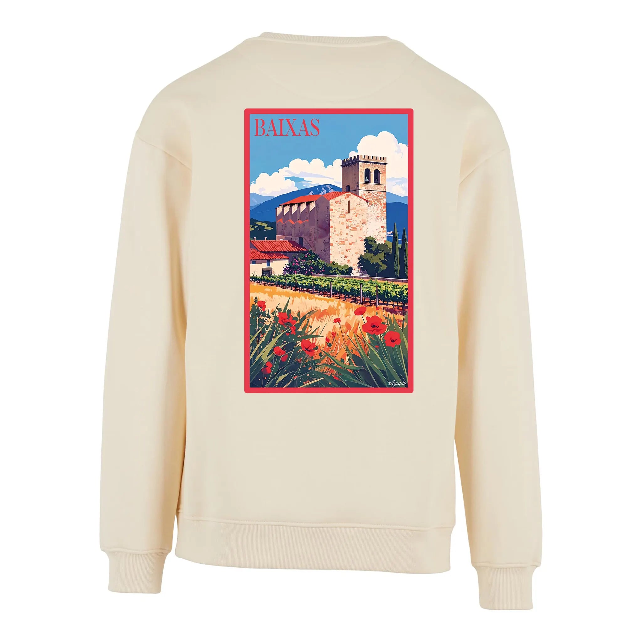 Sweat-shirt rétro Baixas - Illustration vintage village vigneron et église Saint-Étienne Agapit