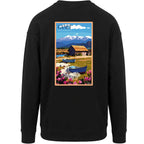 Sweat-shirt rétro Étang de Canet - Illustration vintage cabanes de pêcheurs en roseaux et vue sur le Canigou Agapit