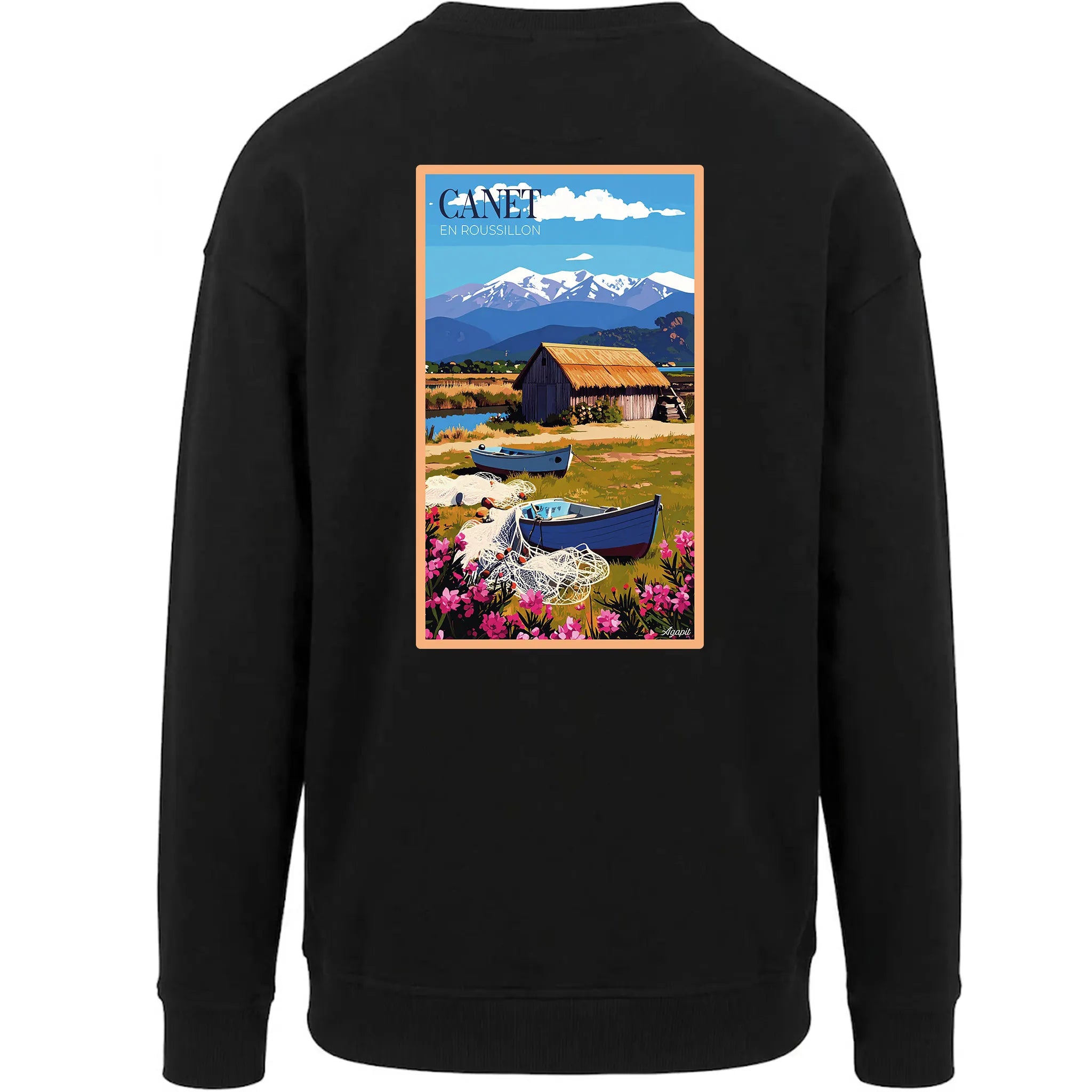 Sweat-shirt rétro Étang de Canet - Illustration vintage cabanes de pêcheurs en roseaux et vue sur le Canigou Agapit