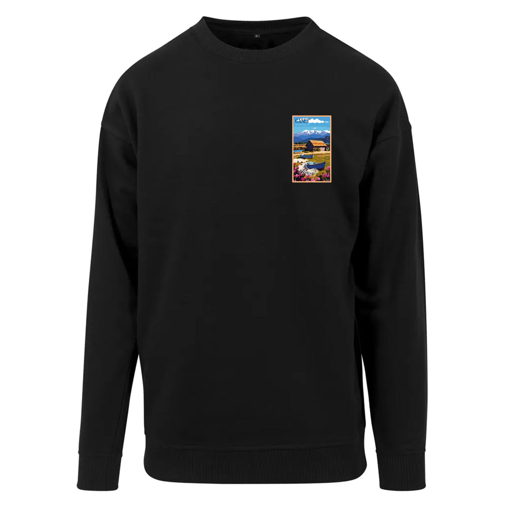 Sweat-shirt rétro Étang de Canet - Illustration vintage cabanes de pêcheurs en roseaux et vue sur le Canigou Agapit