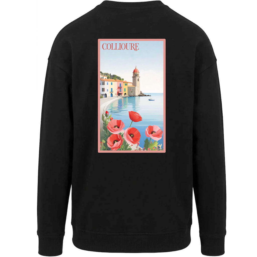 Sweat-shirt noir dos en coton biologique Agapit avec illustration rétro du clocher de Collioure et de la baie catalane