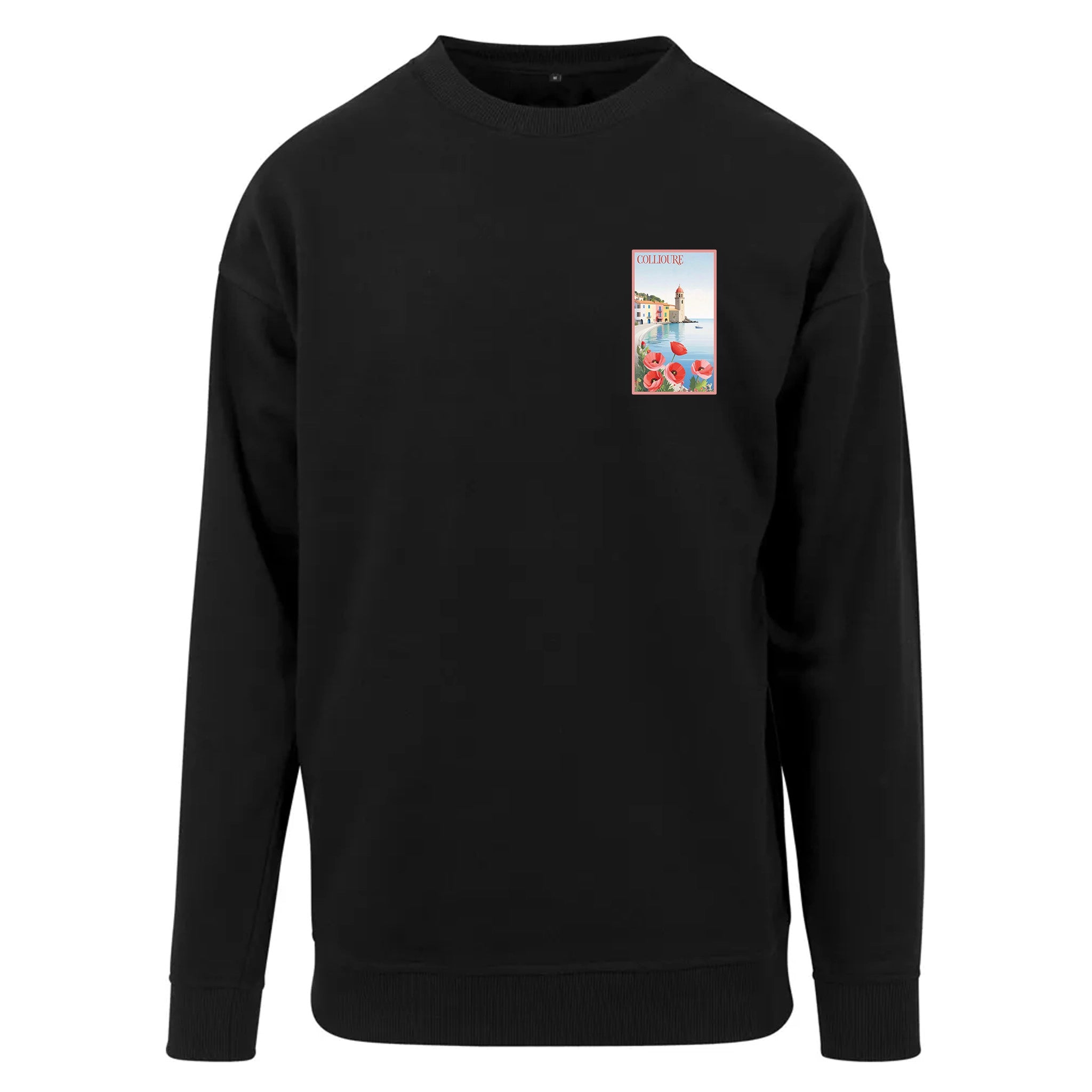 Sweat-shirt noir coeur en coton biologique Agapit avec illustration rétro du clocher de Collioure et de la baie catalane